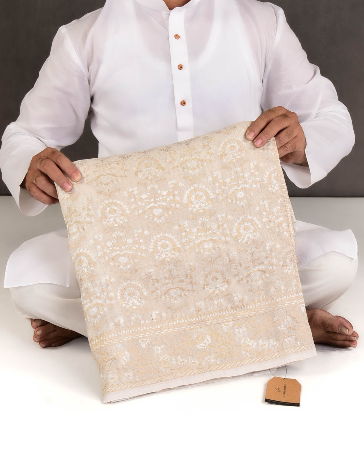 Beige Banarasi Gold & Silver Zari Alfi Buta Cutwork Brocade Handwoven Tasar Georgette Saree-HolyWeaves