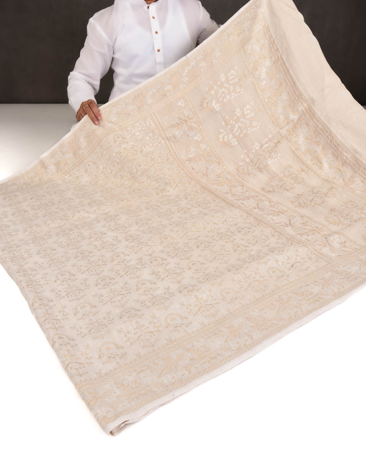 Beige Banarasi Gold & Silver Zari Alfi Buta Cutwork Brocade Handwoven Tasar Georgette Saree-HolyWeaves