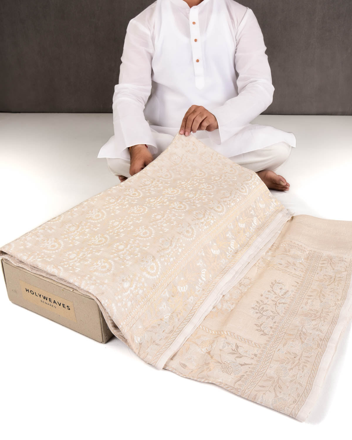 Beige Banarasi Gold & Silver Zari Alfi Buta Cutwork Brocade Handwoven Tasar Georgette Saree-HolyWeaves
