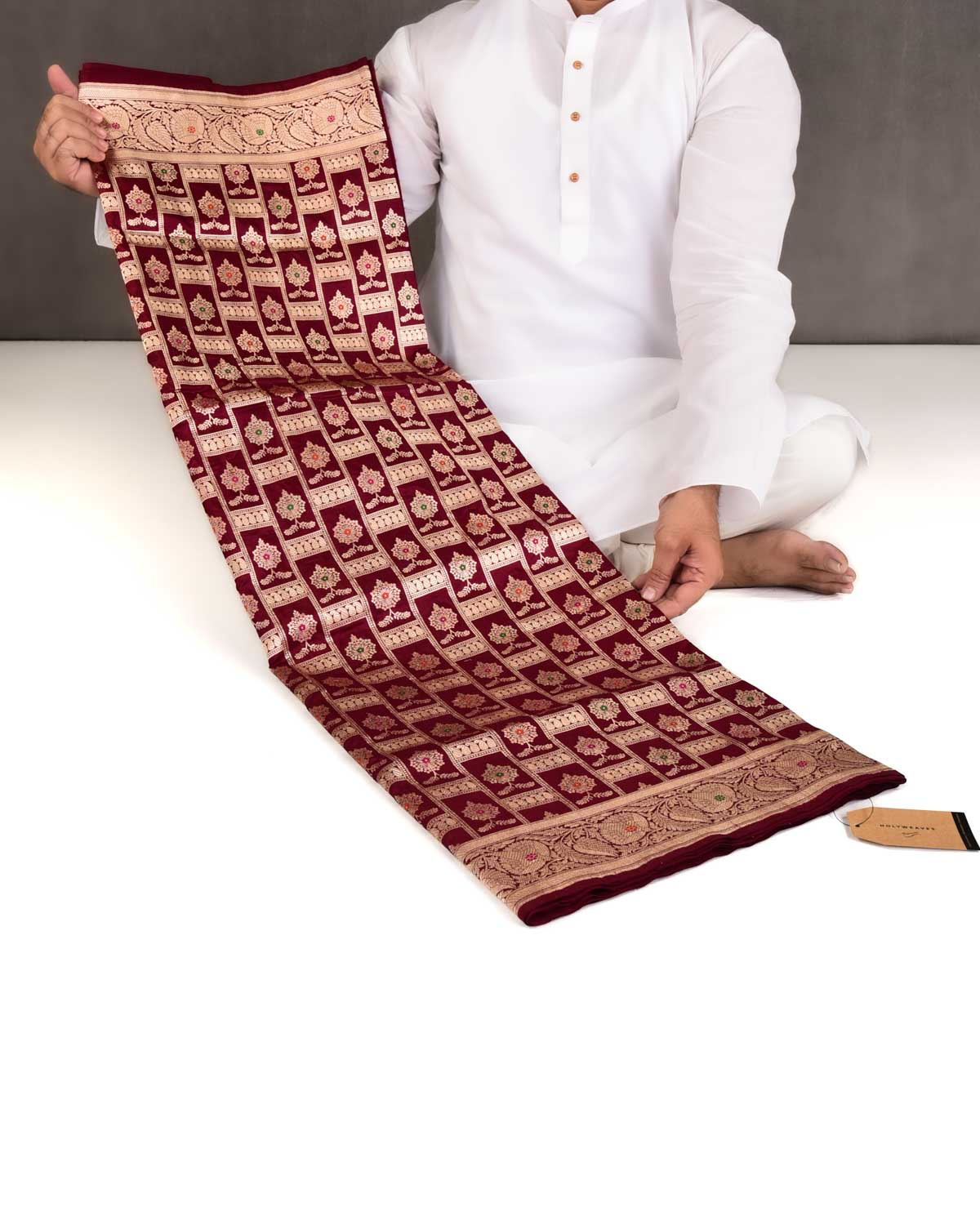 Maroon Banarasi Traditional Jangla Gold Zari And Resham Alfi Cutwork Brocade Handwoven Katan Silk Saree-HolyWeaves