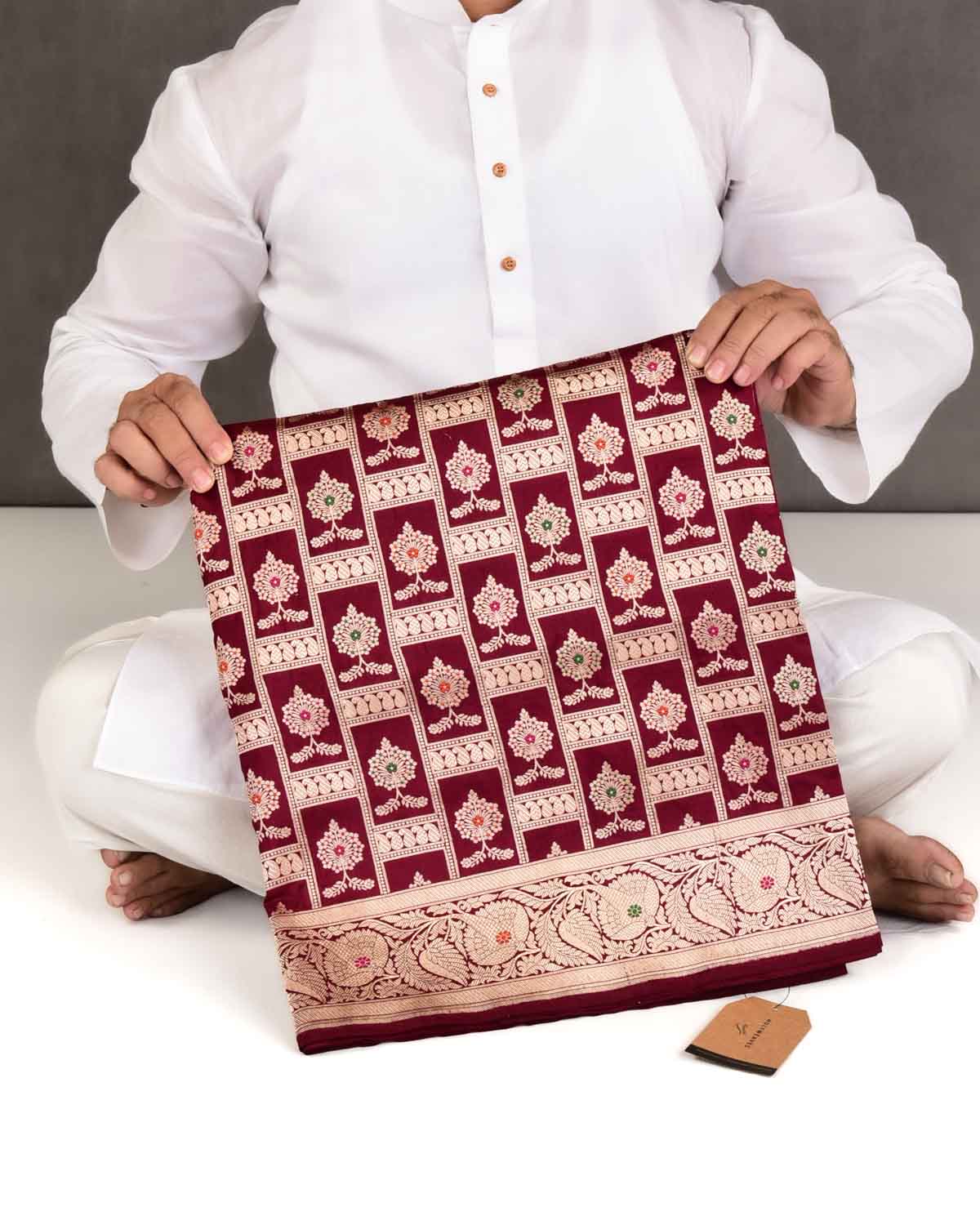 Maroon Banarasi Traditional Jangla Gold Zari And Resham Alfi Cutwork Brocade Handwoven Katan Silk Saree-HolyWeaves