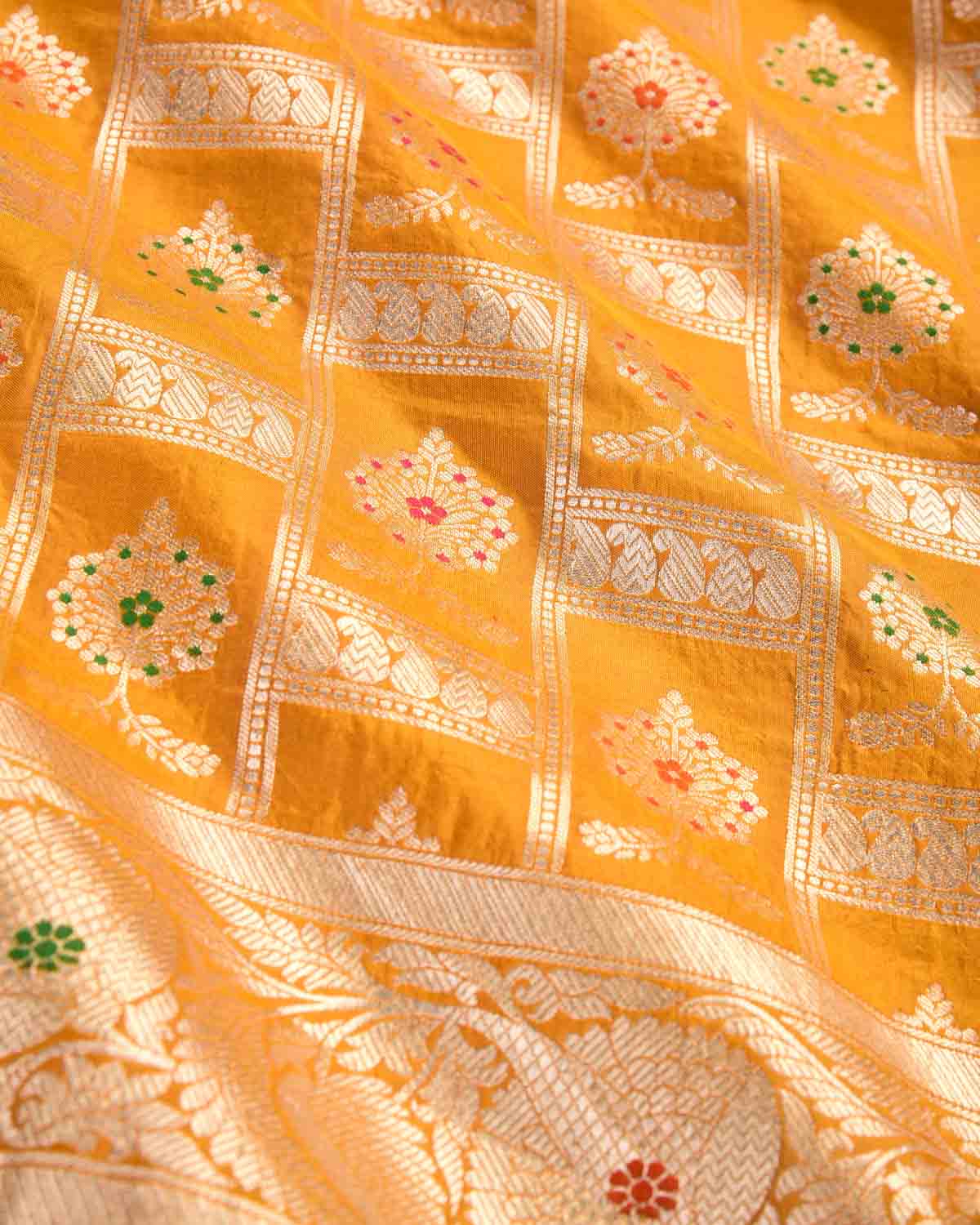 Marigold Yellow Banarasi Traditional Jangla Gold Zari And Resham Alfi Cutwork Brocade Handwoven Katan Silk Saree-HolyWeaves