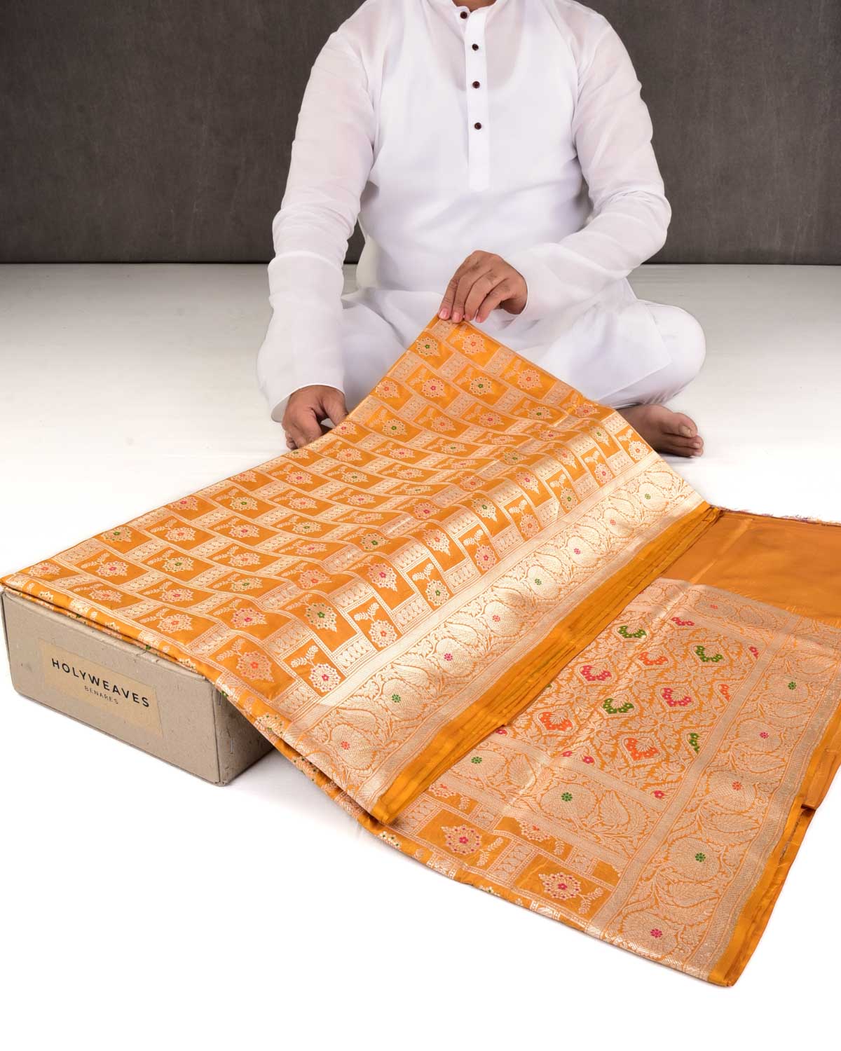 Marigold Yellow Banarasi Traditional Jangla Gold Zari And Resham Alfi Cutwork Brocade Handwoven Katan Silk Saree-HolyWeaves