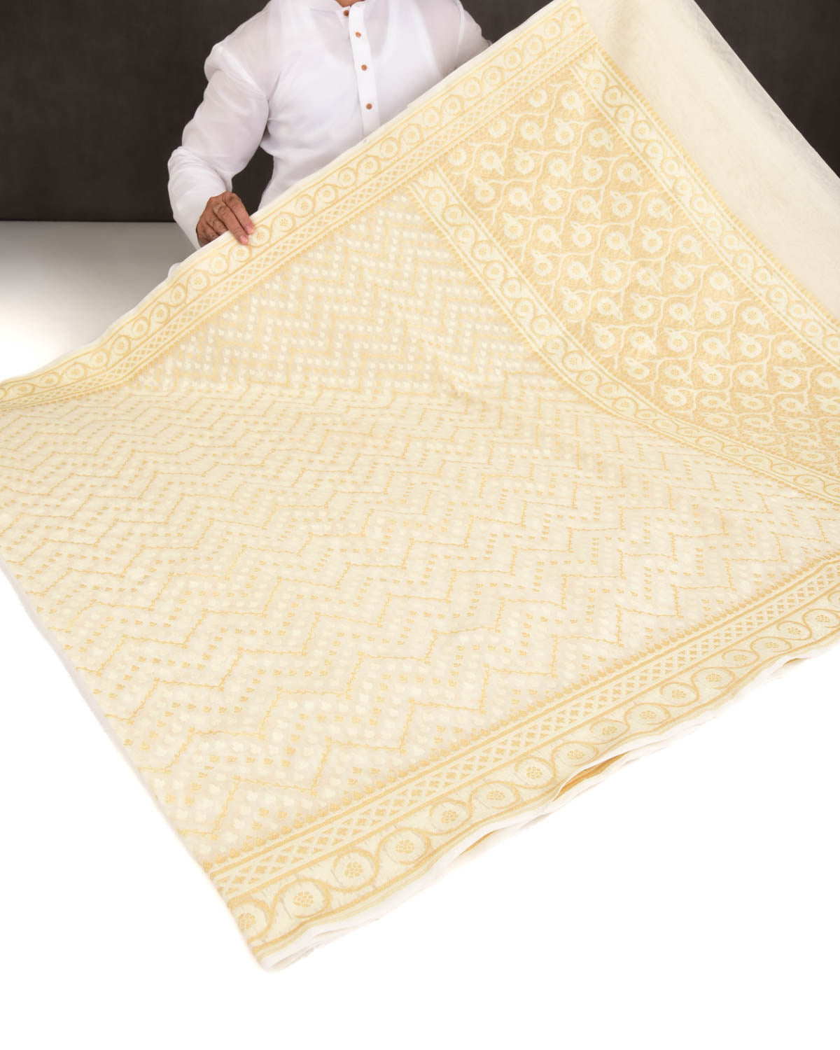 Cream Banarasi Gold Zari and White Resham Buti Cutwork Brocade Woven Art Cotton Silk Saree-HolyWeaves