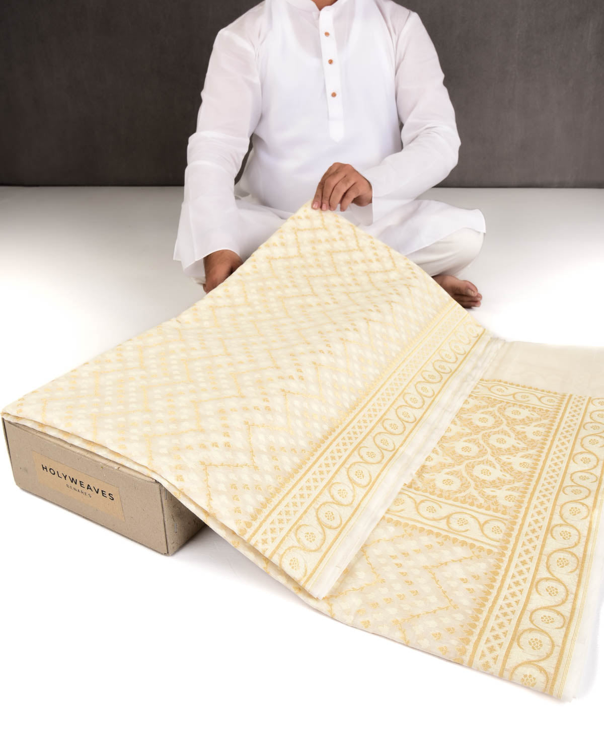 Cream Banarasi Gold Zari and White Resham Buti Cutwork Brocade Woven Art Cotton Silk Saree-HolyWeaves