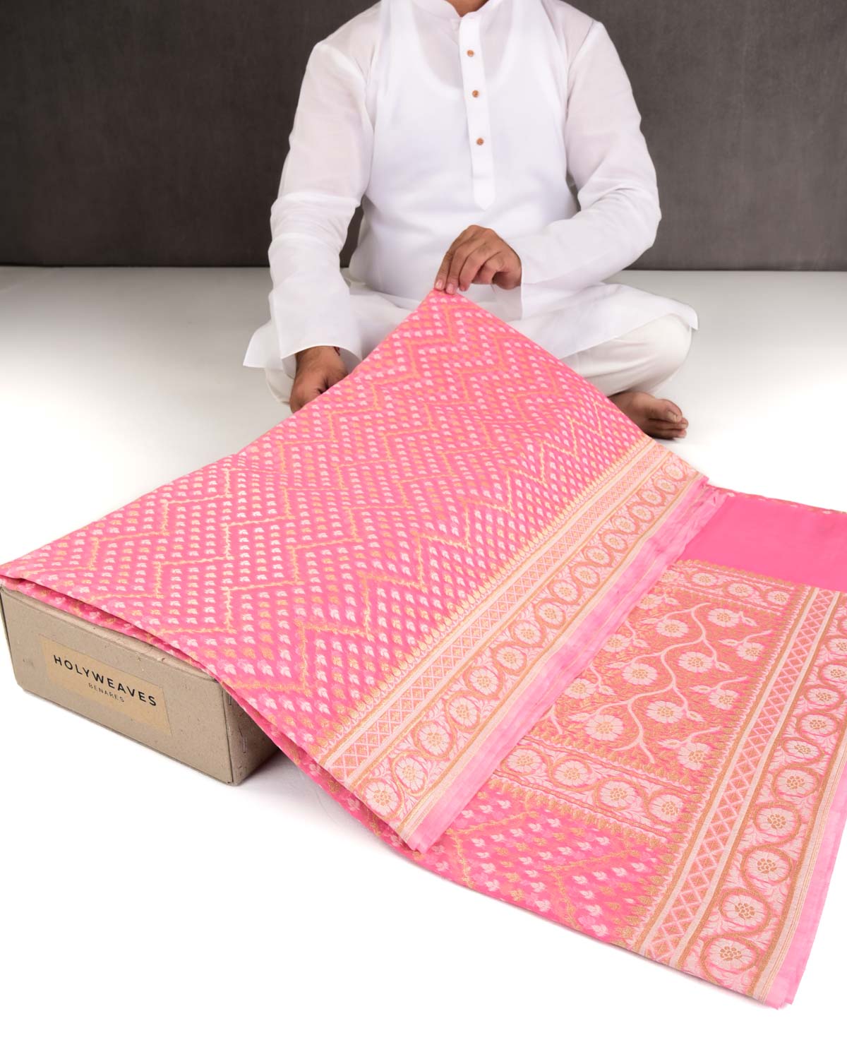 Pink Banarasi Gold Zari and White Resham Buti Cutwork Brocade Woven Art Cotton Silk Saree-HolyWeaves