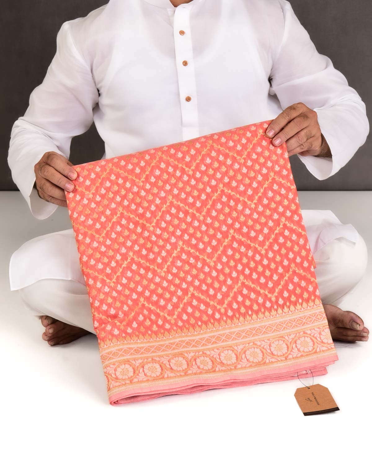 Peach Banarasi Gold Zari and White Resham Buti Cutwork Brocade Woven Art Cotton Silk Saree-HolyWeaves