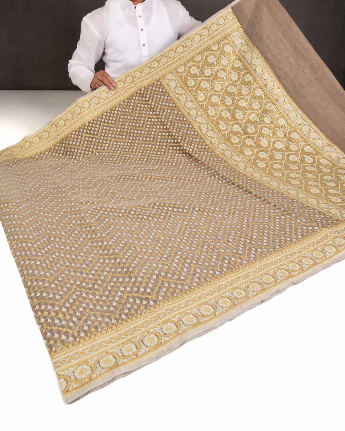 Brown Banarasi Gold Zari and White Resham Buti Cutwork Brocade Woven Art Cotton Silk Saree-HolyWeaves