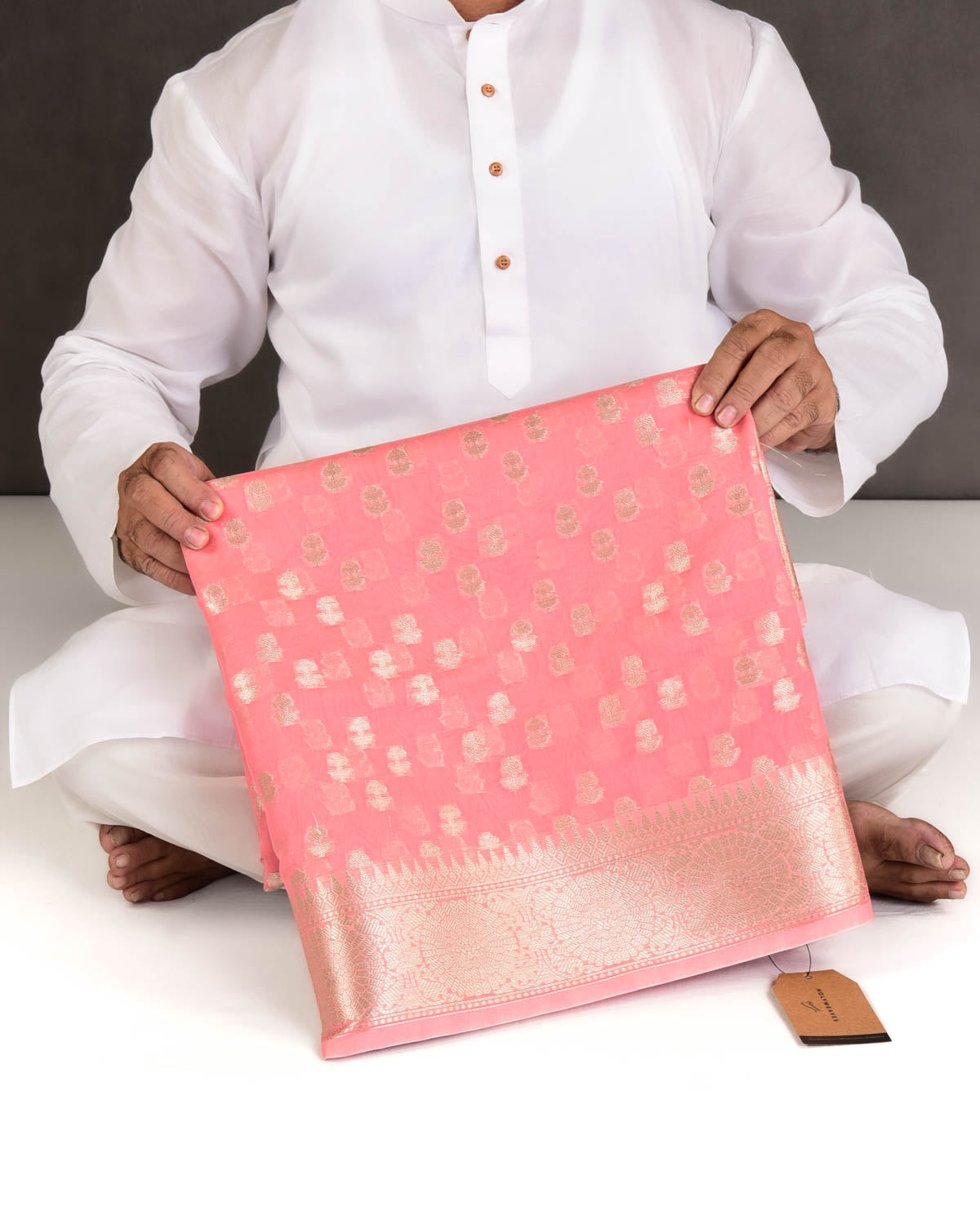 Pink Banarasi Gold Zari Buti Cutwork Brocade Woven Cotton Silk Saree-HolyWeaves