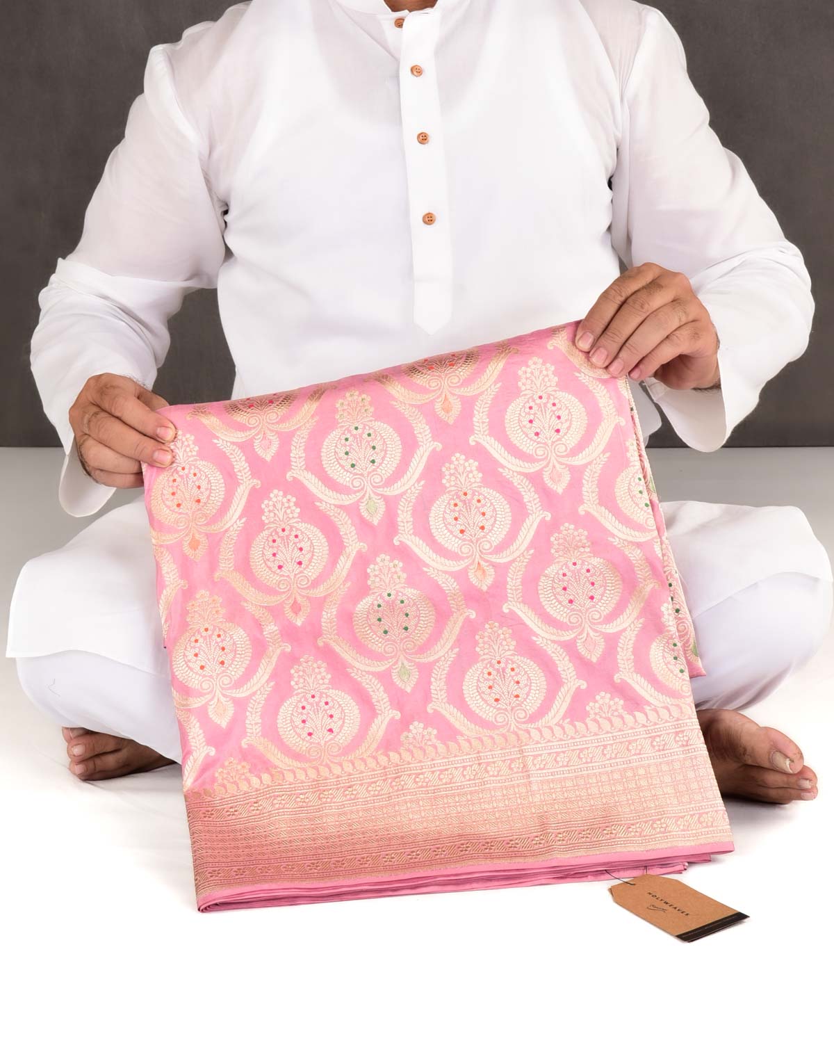 Pink Banarasi Gold Zari And Meena Ottoman Damask Cutwork Brocade Handwoven Katan Silk Saree-HolyWeaves