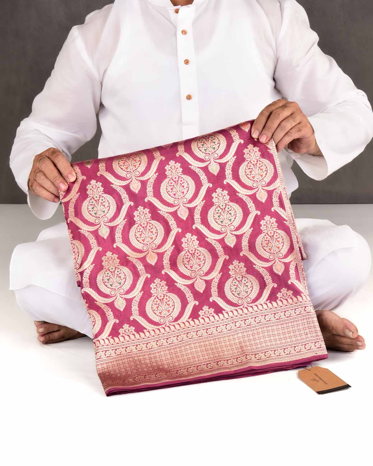 Garnet Banarasi Gold Zari And Meena Ottoman Damask Cutwork Brocade Handwoven Katan Silk Saree-HolyWeaves