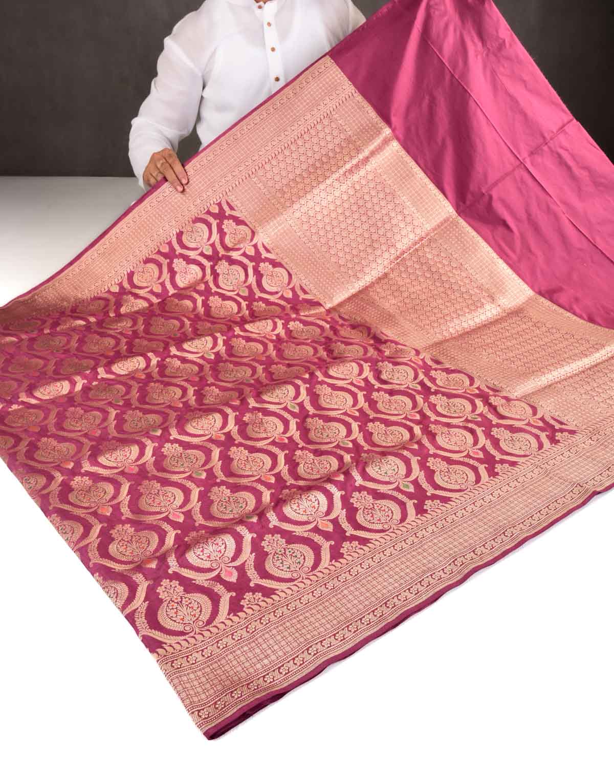 Garnet Banarasi Gold Zari And Meena Ottoman Damask Cutwork Brocade Handwoven Katan Silk Saree-HolyWeaves