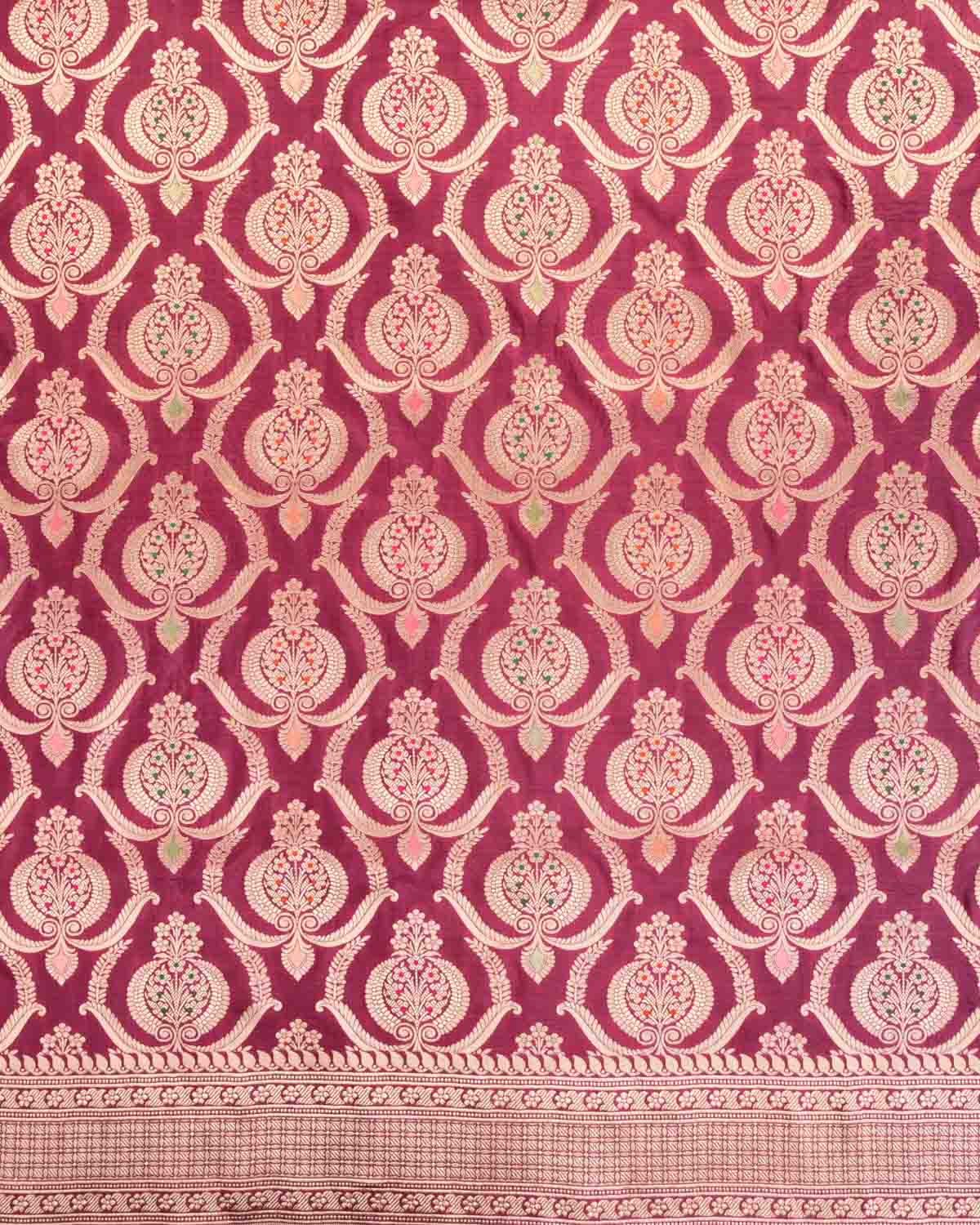 Garnet Banarasi Gold Zari And Meena Ottoman Damask Cutwork Brocade Handwoven Katan Silk Saree-HolyWeaves