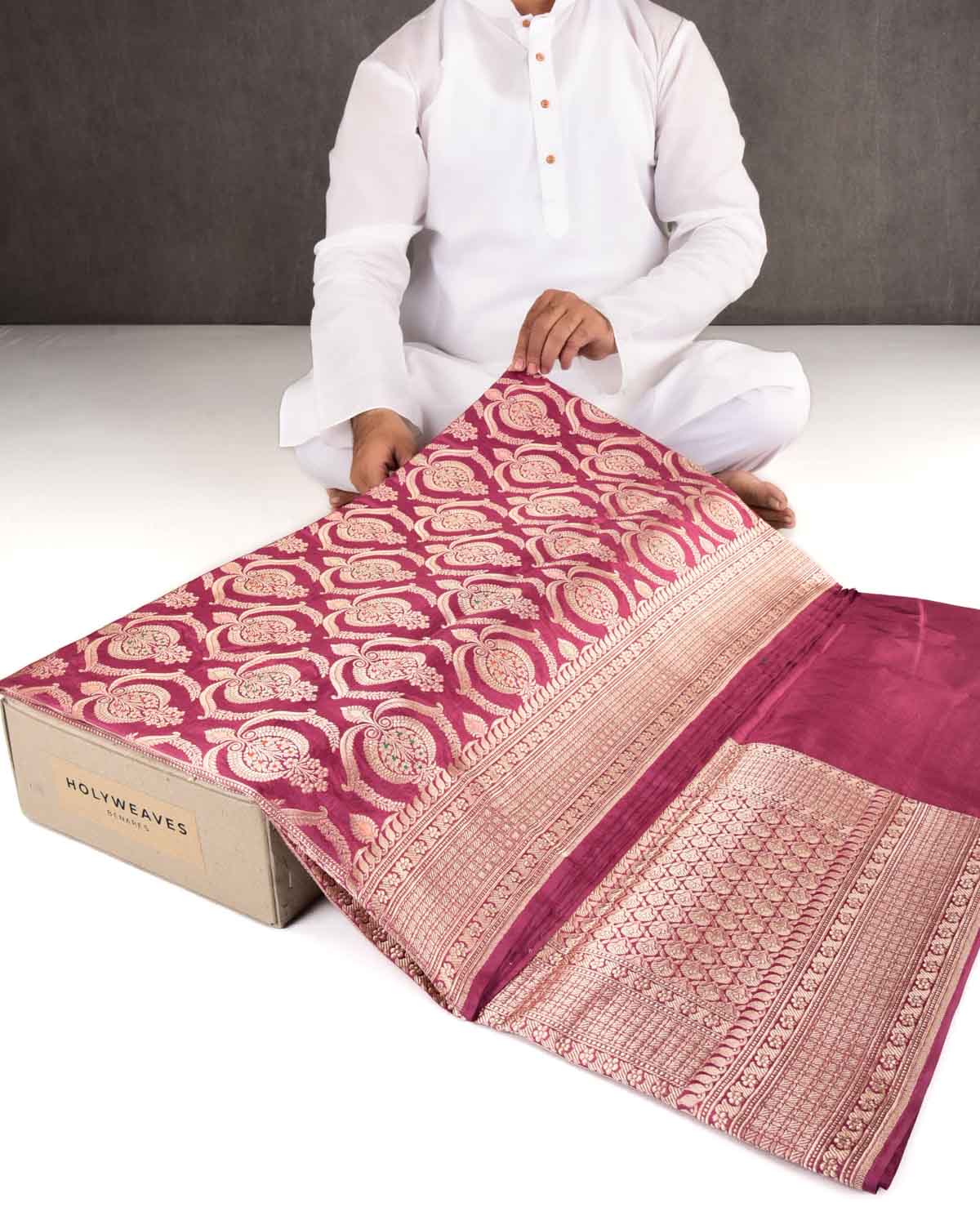 Garnet Banarasi Gold Zari And Meena Ottoman Damask Cutwork Brocade Handwoven Katan Silk Saree-HolyWeaves