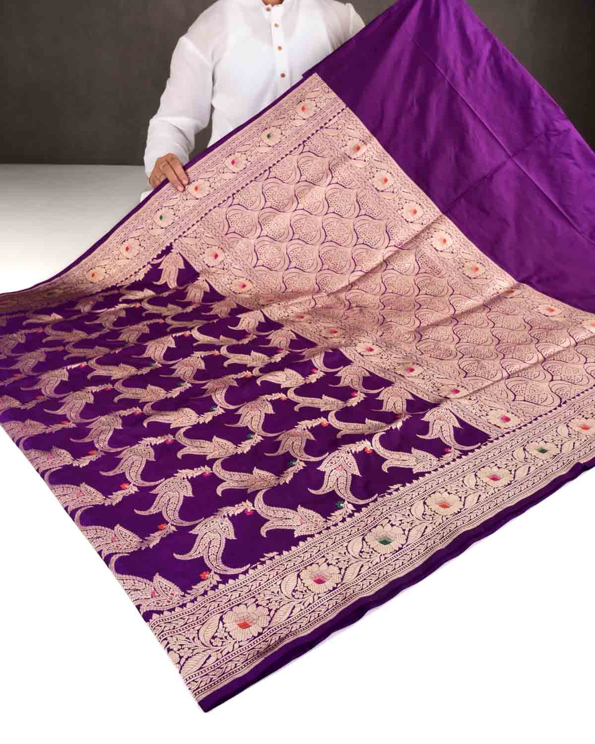 Purple Banarasi Gold Zari And Meena Paisley Jaal Cutwork Brocade Handwoven Katan Silk Saree-HolyWeaves