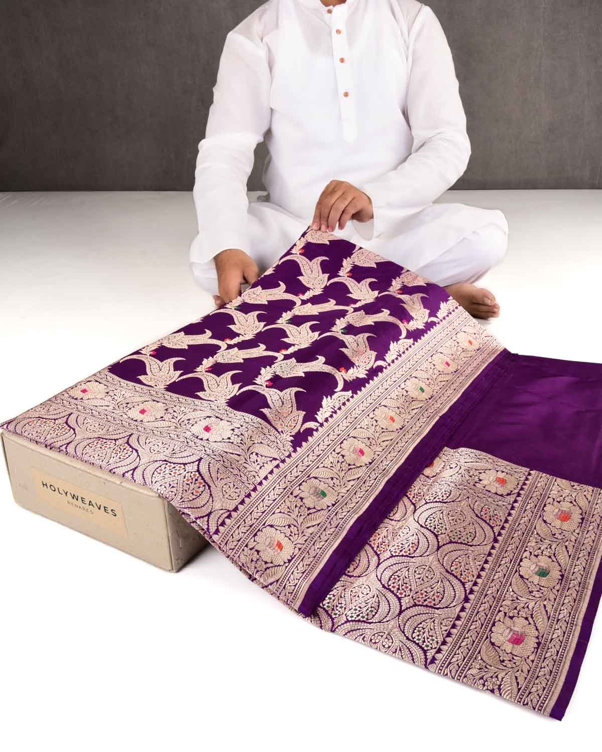 Purple Banarasi Gold Zari And Meena Paisley Jaal Cutwork Brocade Handwoven Katan Silk Saree-HolyWeaves