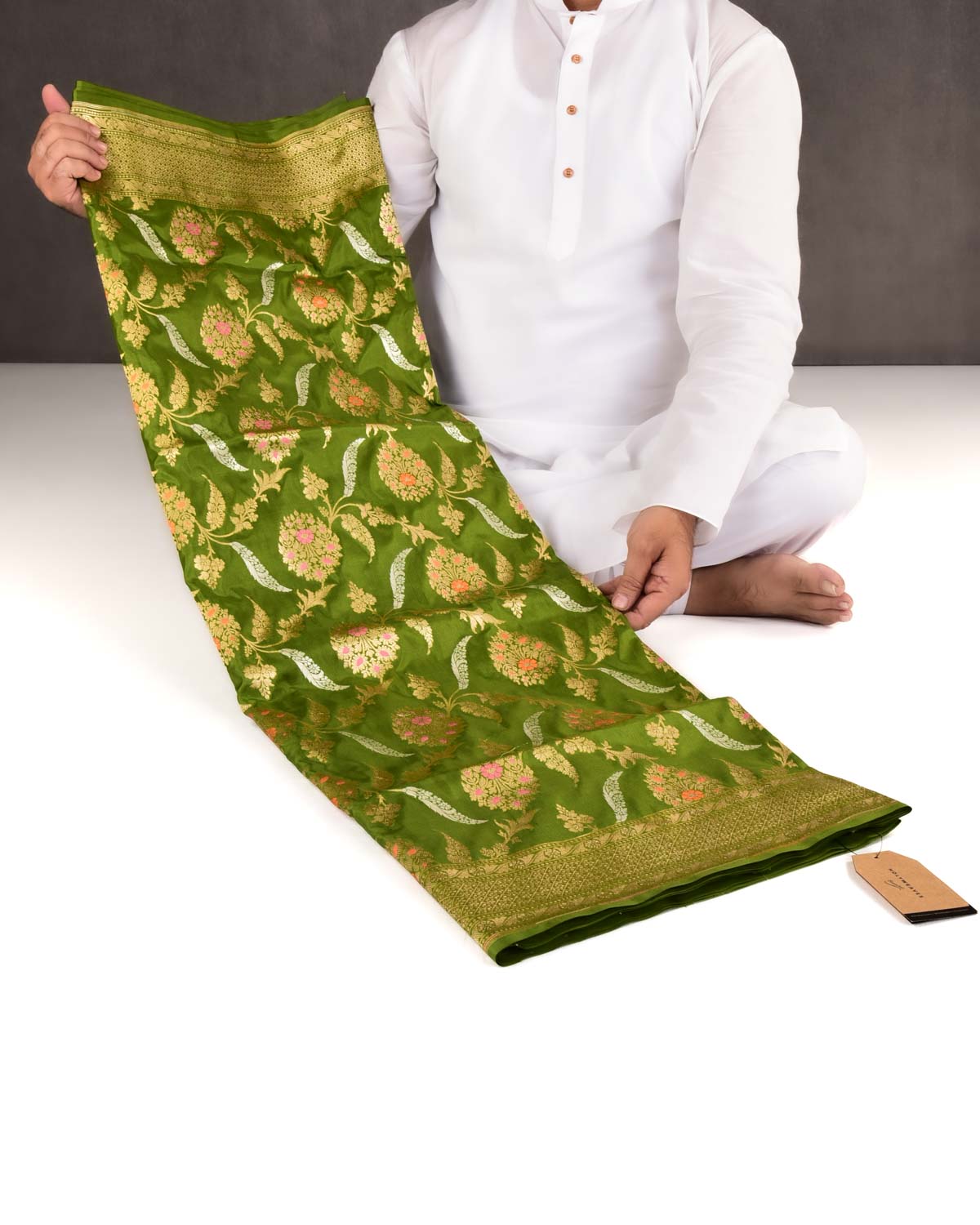 Olive Green Banarasi Gold Zari & Resham Meena Jaal Cutwork Brocade Handwoven Katan Silk Saree-HolyWeaves