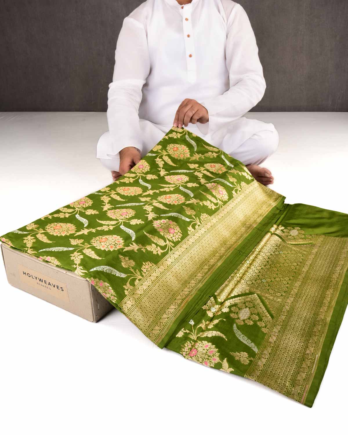 Olive Green Banarasi Gold Zari & Resham Meena Jaal Cutwork Brocade Handwoven Katan Silk Saree-HolyWeaves
