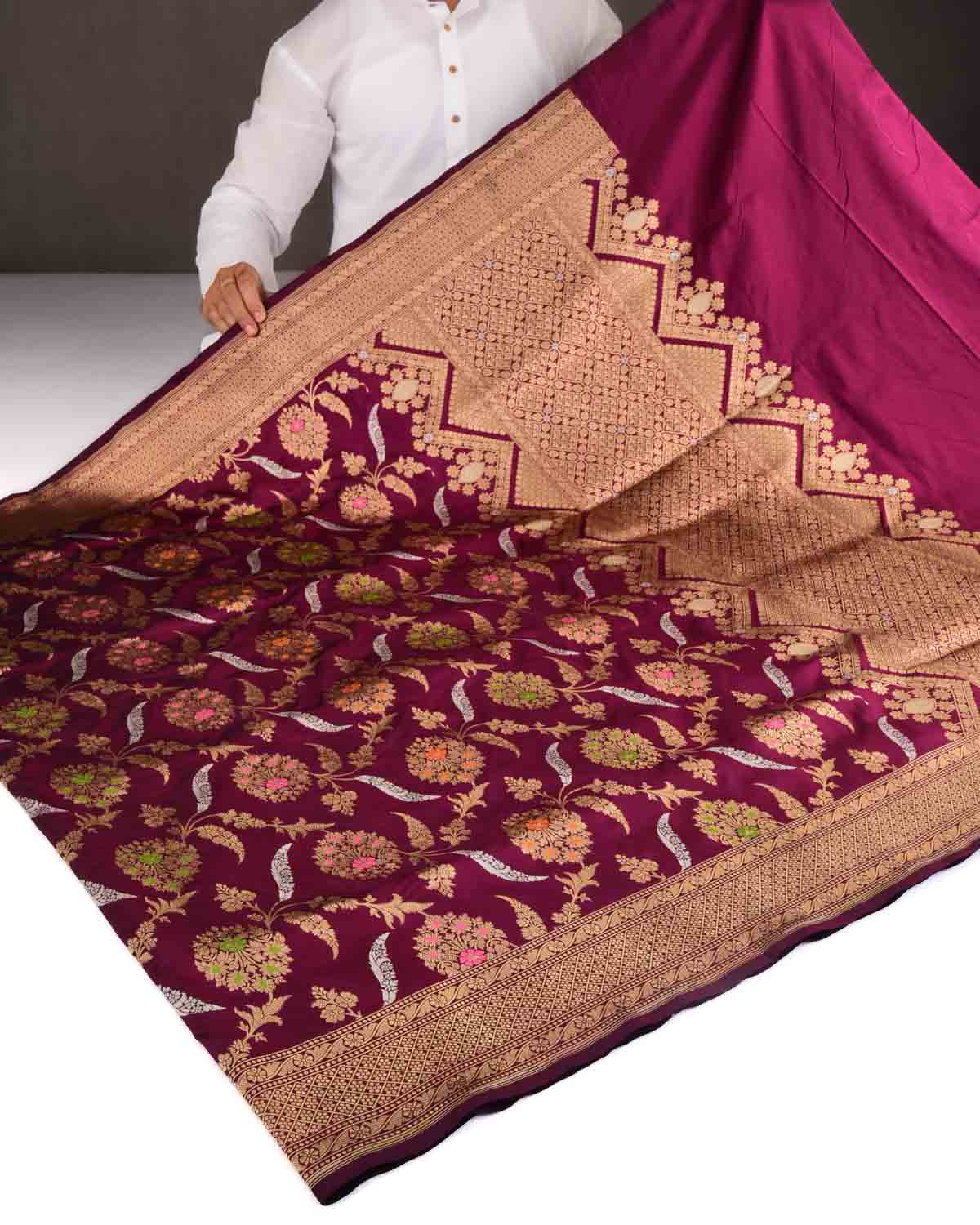 Purple Banarasi Gold Zari & Resham Meena Jaal Cutwork Brocade Handwoven Katan Silk Saree-HolyWeaves