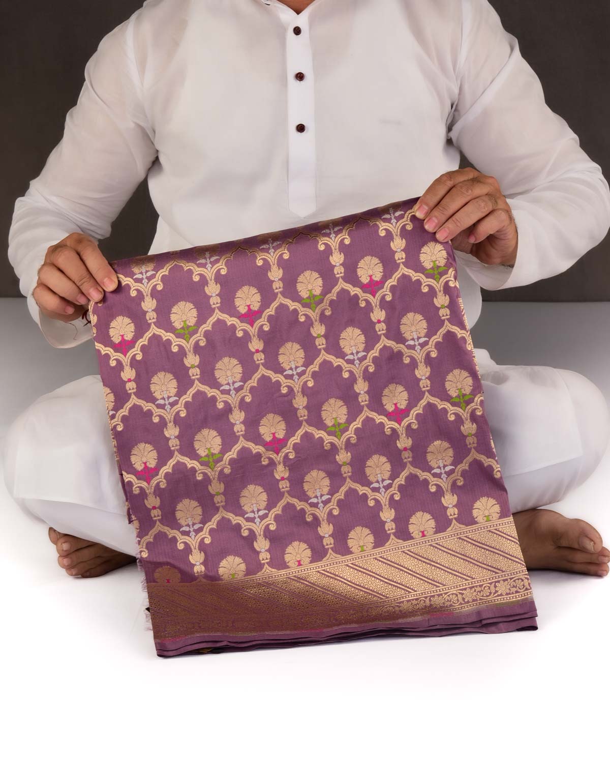 Mauve Banarasi Gold Zari & Resham Meena Jangla Cutwork Brocade Handwoven Katan Silk Saree-HolyWeaves