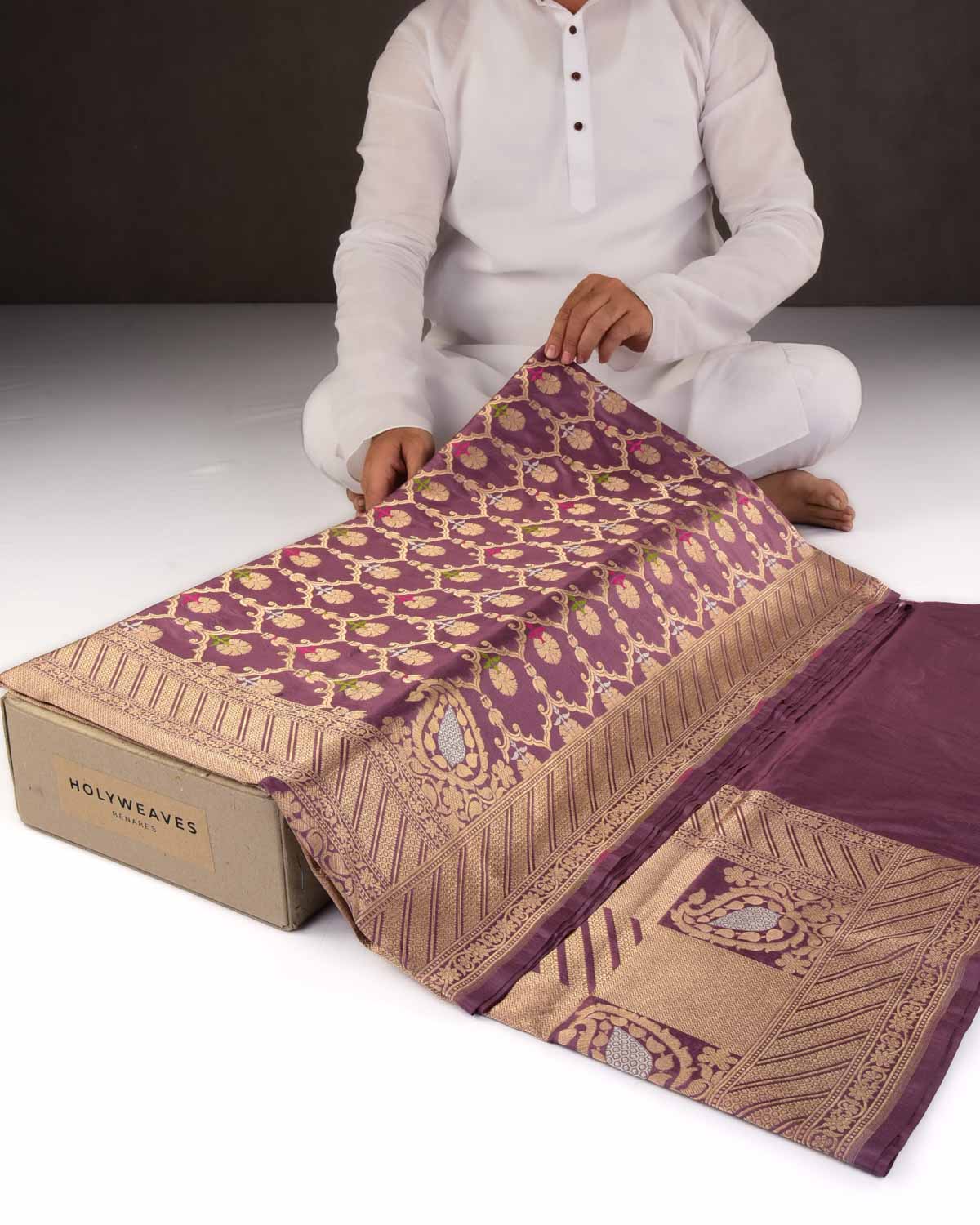 Mauve Banarasi Gold Zari & Resham Meena Jangla Cutwork Brocade Handwoven Katan Silk Saree-HolyWeaves