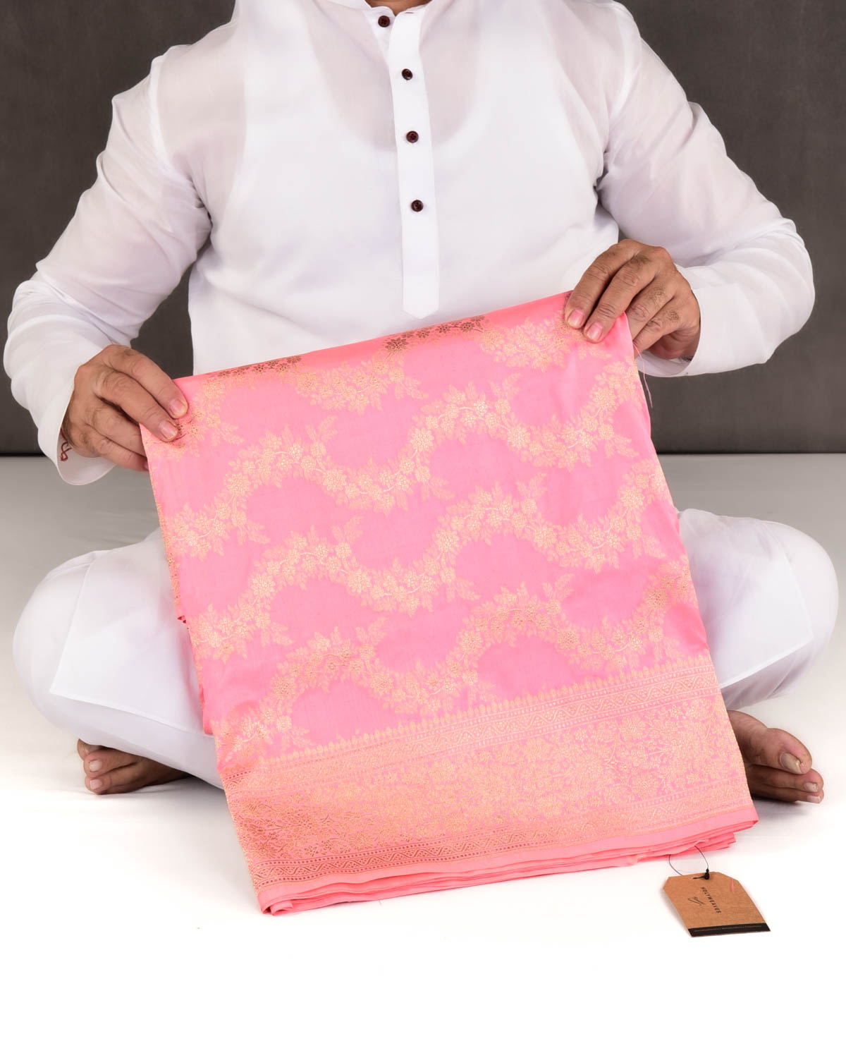 Pink Banarasi Gold Zari Waves Cutwork Brocade Handwoven Katan Silk Saree-HolyWeaves