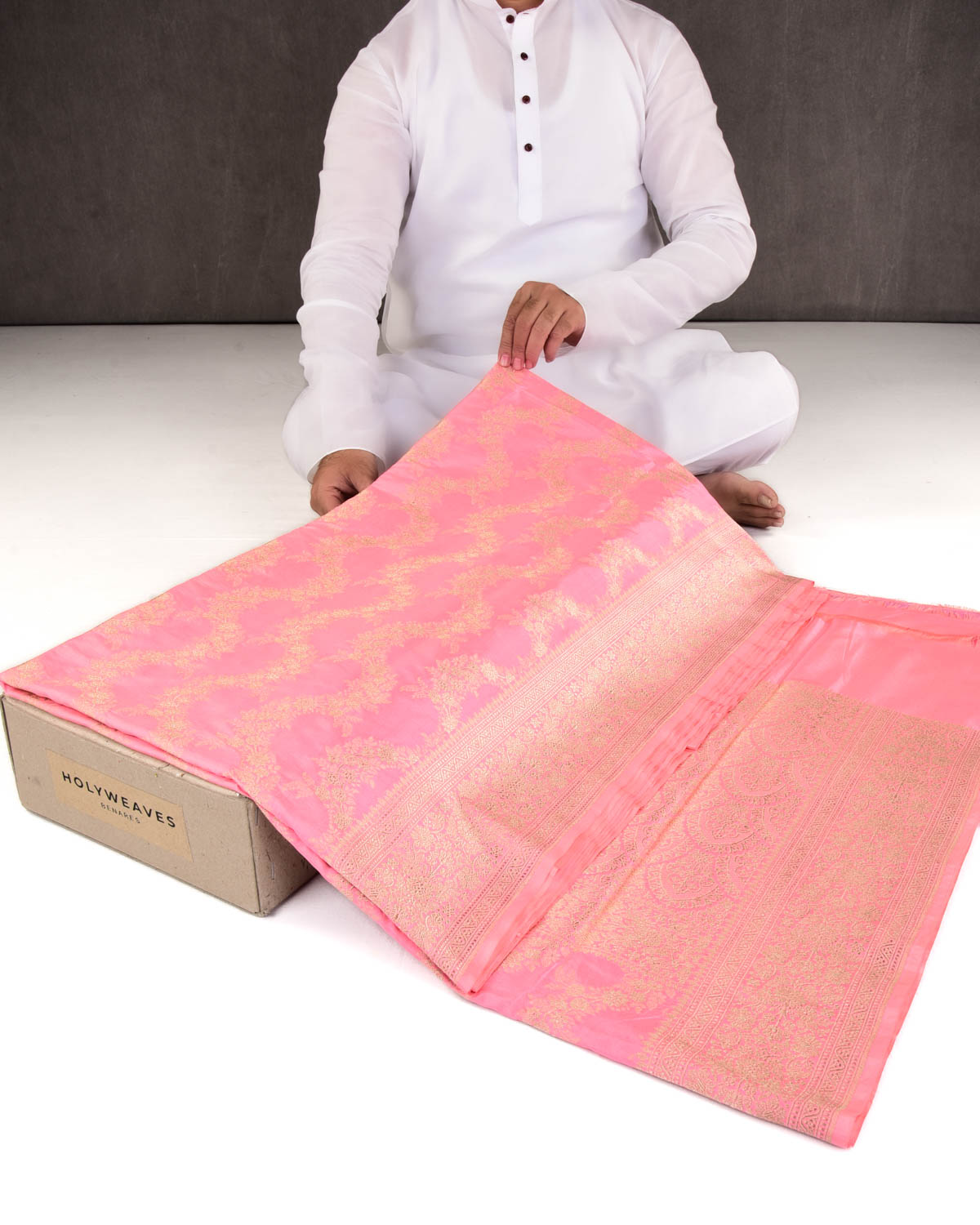 Pink Banarasi Gold Zari Waves Cutwork Brocade Handwoven Katan Silk Saree-HolyWeaves