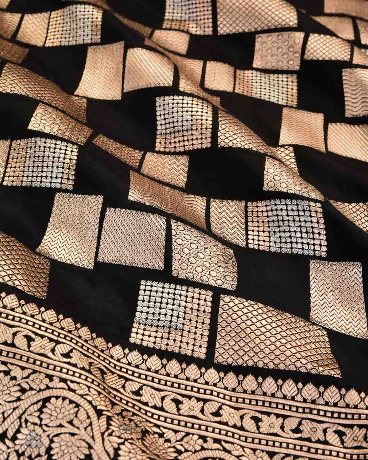 Black Banarasi Gold & Silver Zari Cutwork Brocade Handwoven Katan Silk Saree-HolyWeaves