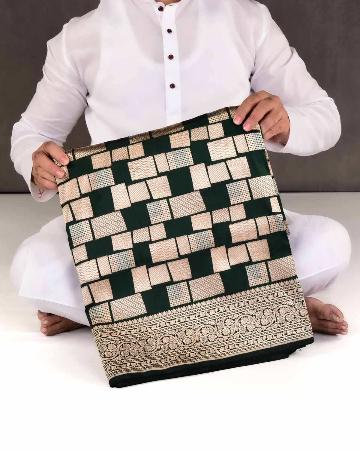 Midnight Green Banarasi Gold & Silver Zari Random Blocks Cutwork Brocade Handwoven Katan Silk Saree-HolyWeaves