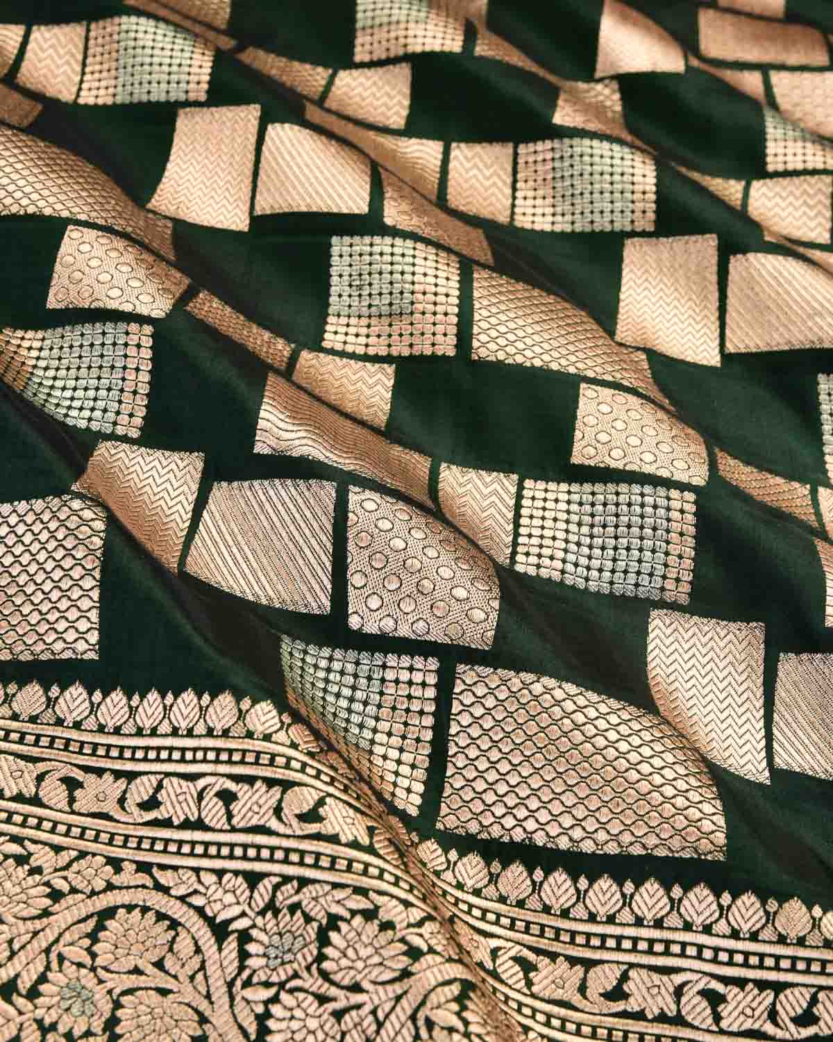 Midnight Green Banarasi Gold & Silver Zari Random Blocks Cutwork Brocade Handwoven Katan Silk Saree-HolyWeaves