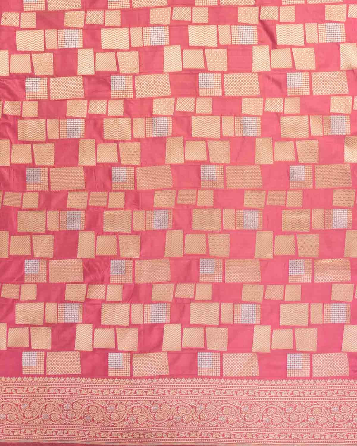 Light Coral Pink Banarasi Gold & Silver Zari Random Blocks Cutwork Brocade Handwoven Katan Silk Saree-HolyWeaves