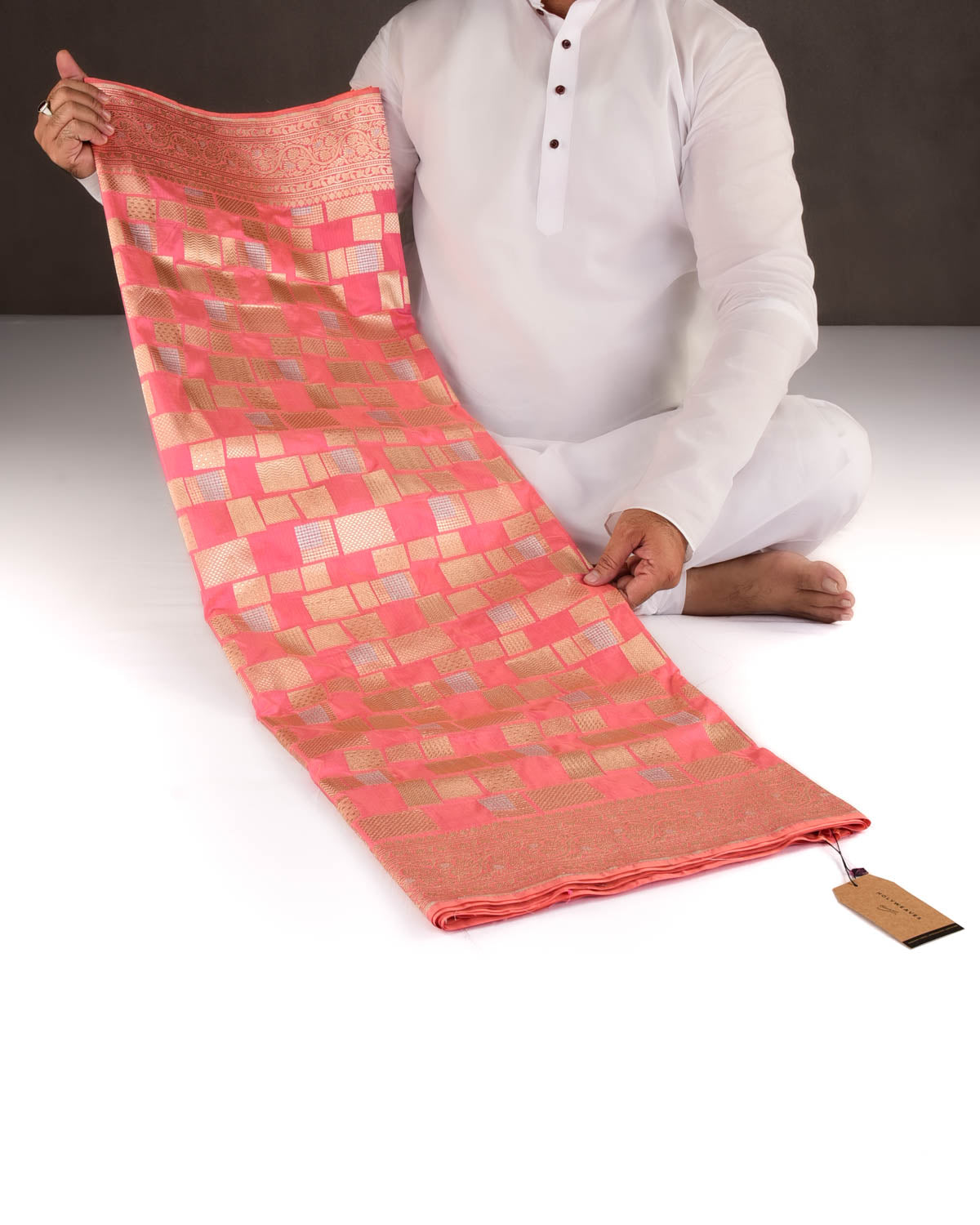 Light Coral Pink Banarasi Gold & Silver Zari Random Blocks Cutwork Brocade Handwoven Katan Silk Saree-HolyWeaves