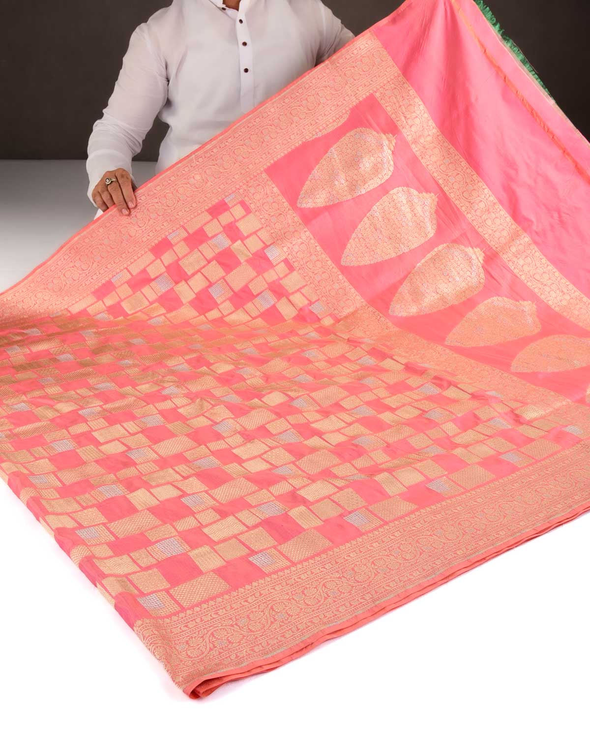 Light Coral Pink Banarasi Gold & Silver Zari Random Blocks Cutwork Brocade Handwoven Katan Silk Saree-HolyWeaves