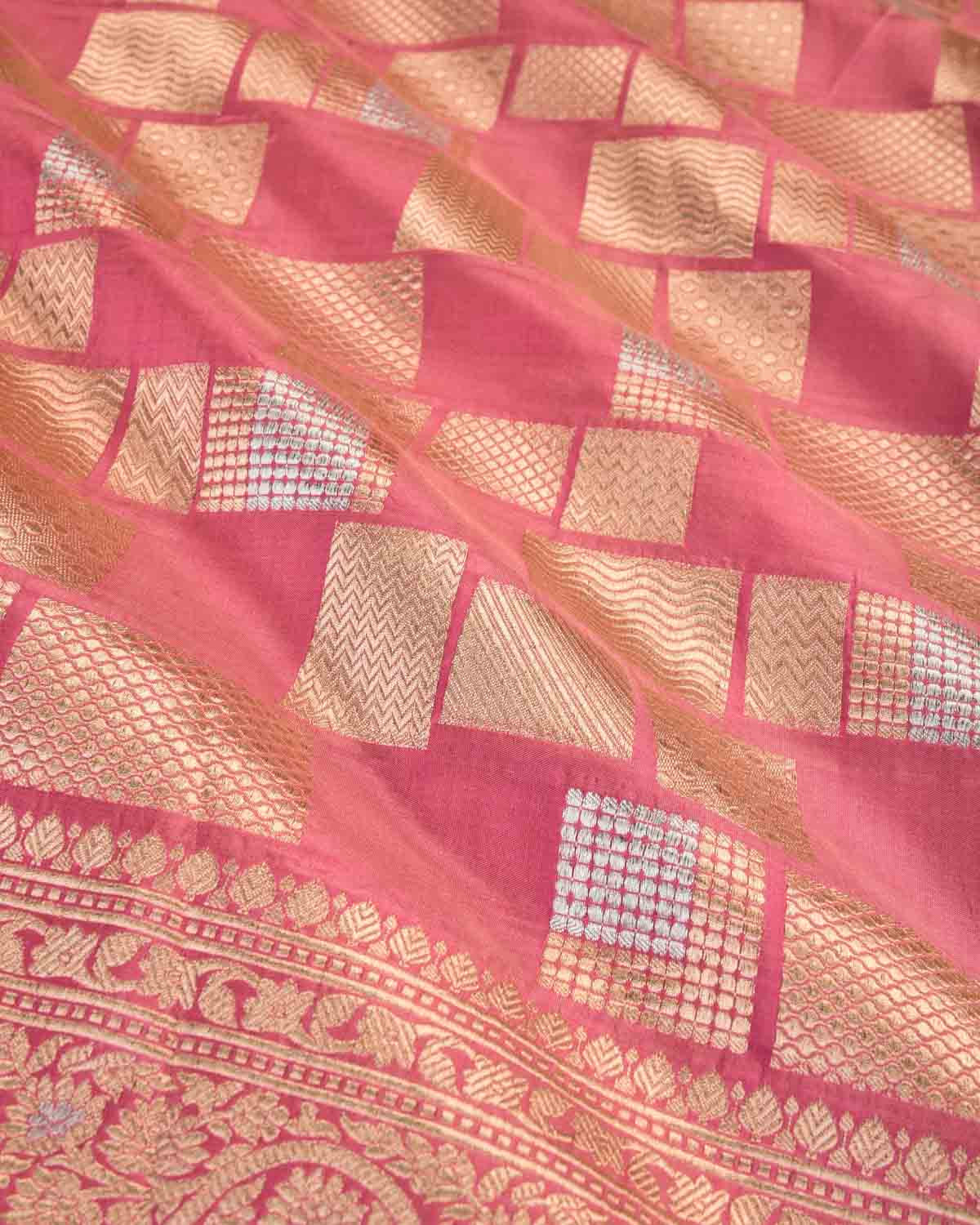 Light Coral Pink Banarasi Gold & Silver Zari Random Blocks Cutwork Brocade Handwoven Katan Silk Saree-HolyWeaves