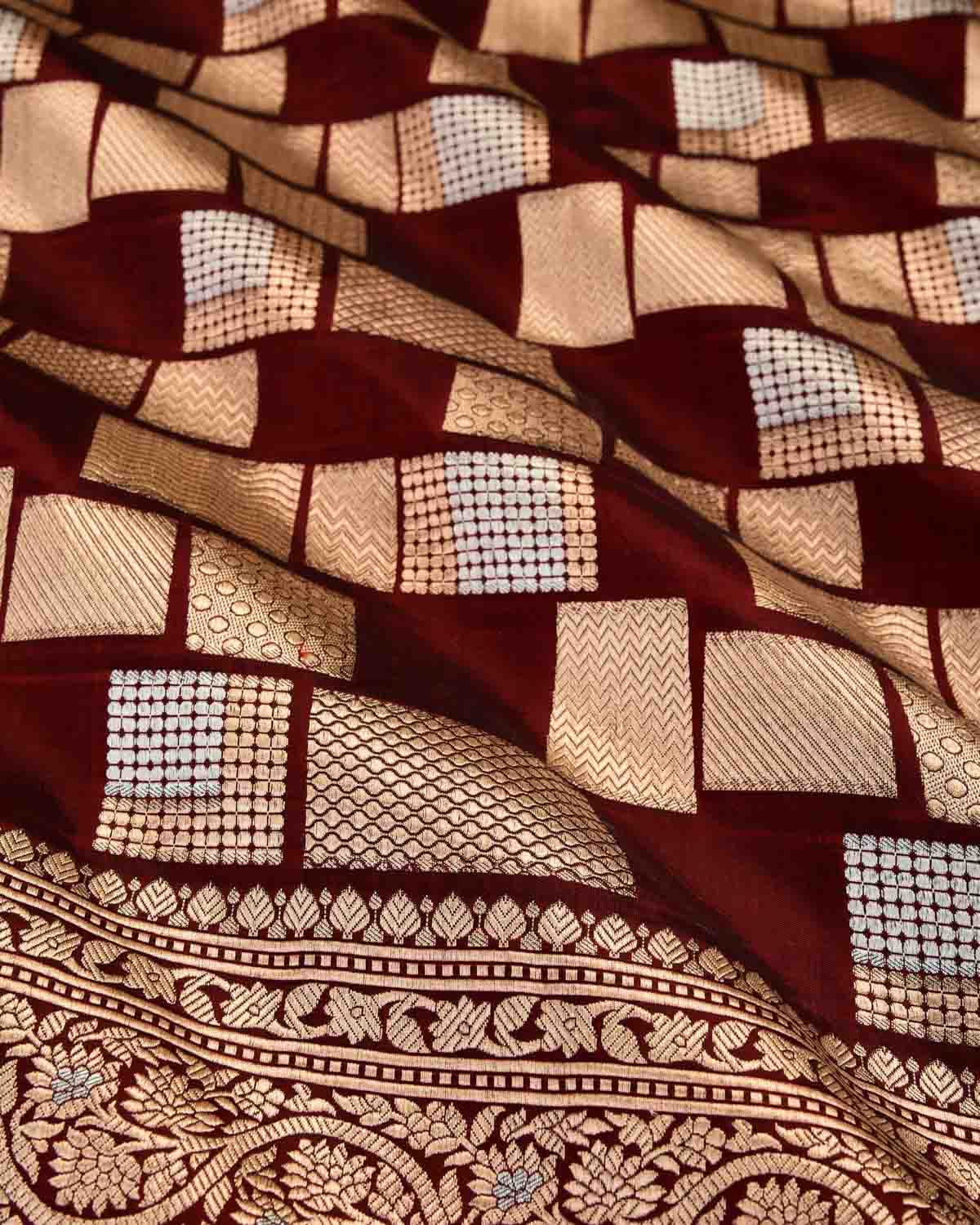 Maroon Banarasi Gold & Silver Zari Random Blocks Cutwork Brocade Handwoven Katan Silk Saree-HolyWeaves