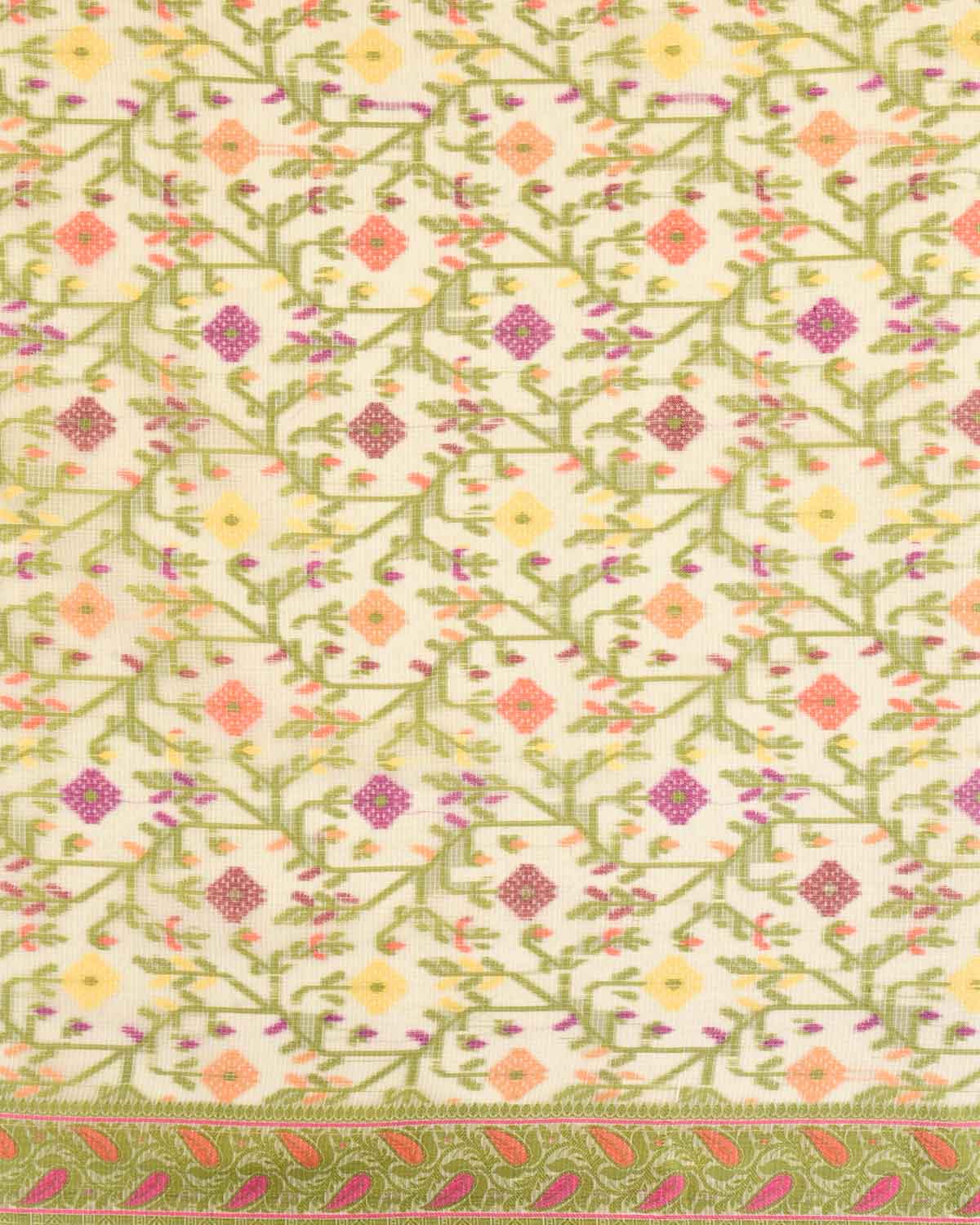 Cream Banarasi Check Texture Resham Floral Jaal Cutwork Brocade Woven Art Cotton Silk Saree-HolyWeaves