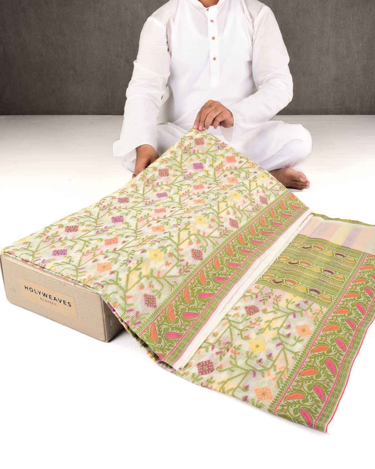 Cream Banarasi Check Texture Resham Floral Jaal Cutwork Brocade Woven Art Cotton Silk Saree-HolyWeaves