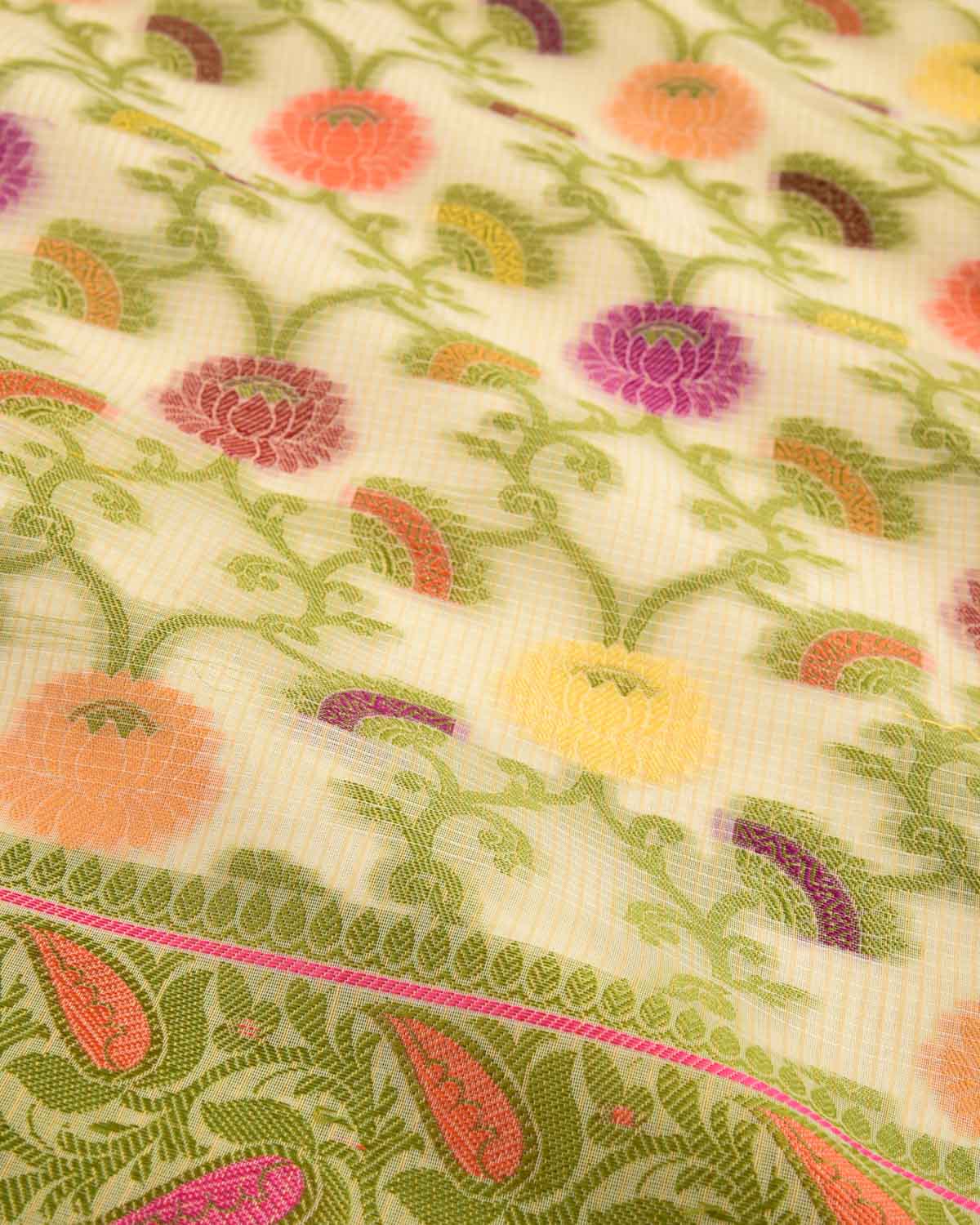 Beige Banarasi Check Texture Resham Floral Jaal Cutwork Brocade Woven Art Cotton Silk Saree-HolyWeaves