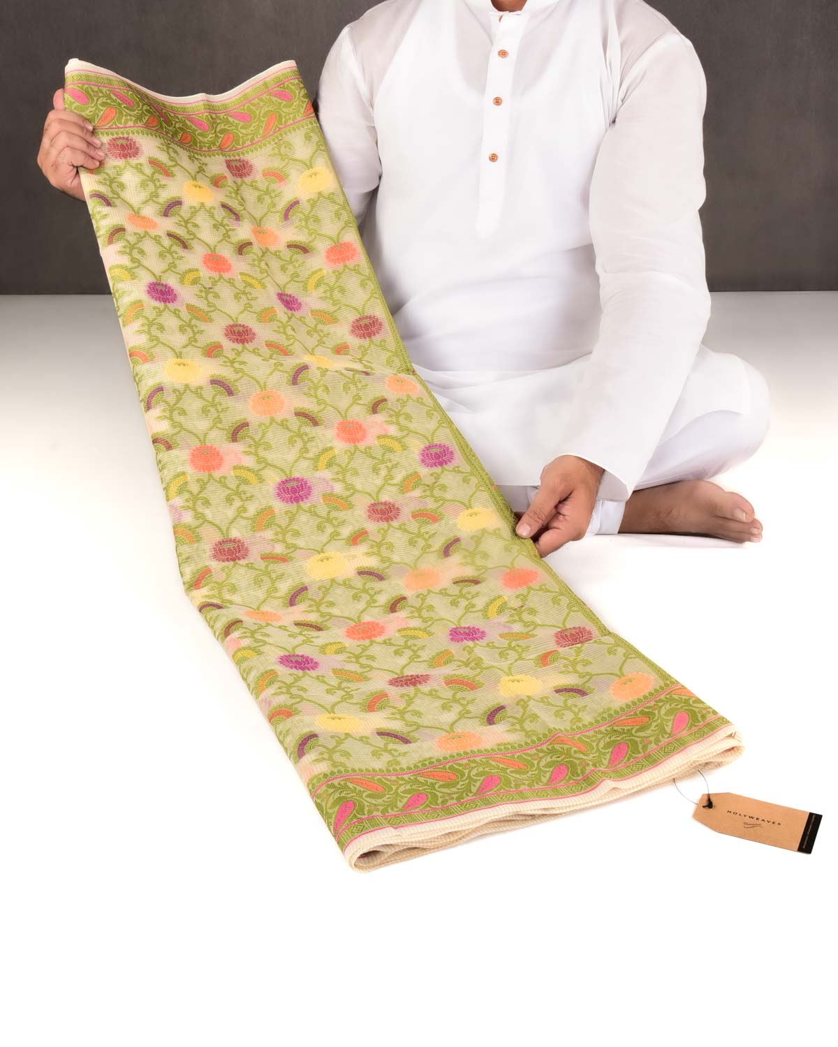 Beige Banarasi Check Texture Resham Floral Jaal Cutwork Brocade Woven Art Cotton Silk Saree-HolyWeaves