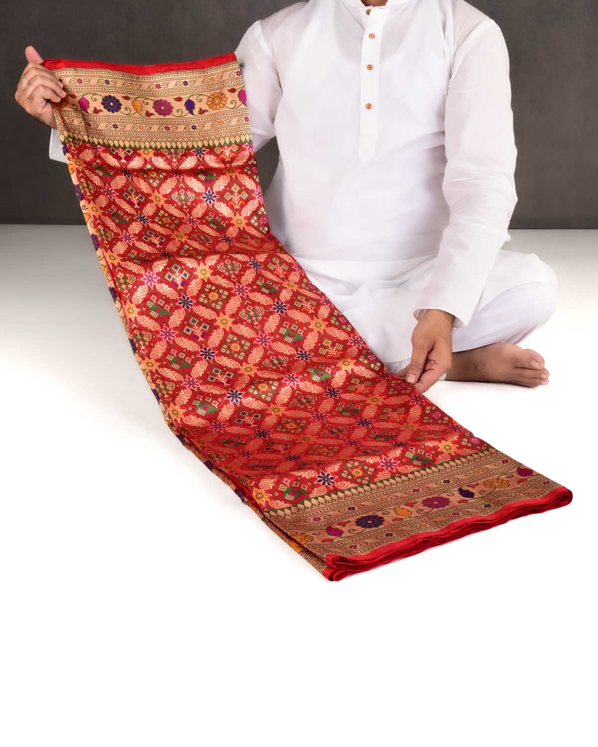 Bridal Red Banarasi Gold Zari & Multi-color Resham Patola Cutwork Brocade Handwoven Katan Silk Saree-HolyWeaves