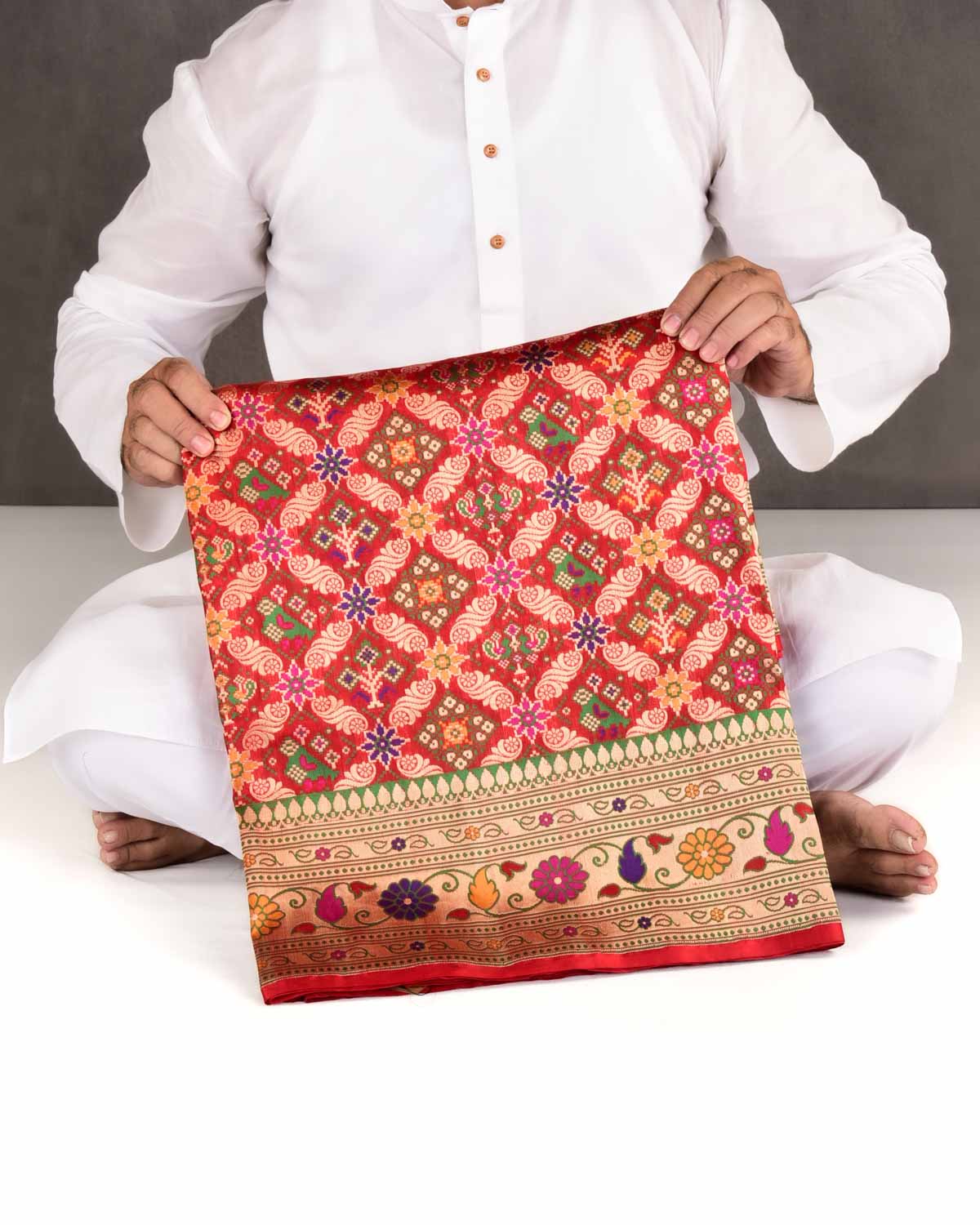 Bridal Red Banarasi Gold Zari & Multi-color Resham Patola Cutwork Brocade Handwoven Katan Silk Saree-HolyWeaves
