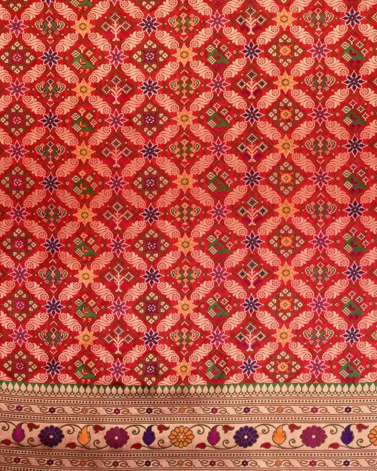 Bridal Red Banarasi Gold Zari & Multi-color Resham Patola Cutwork Brocade Handwoven Katan Silk Saree-HolyWeaves