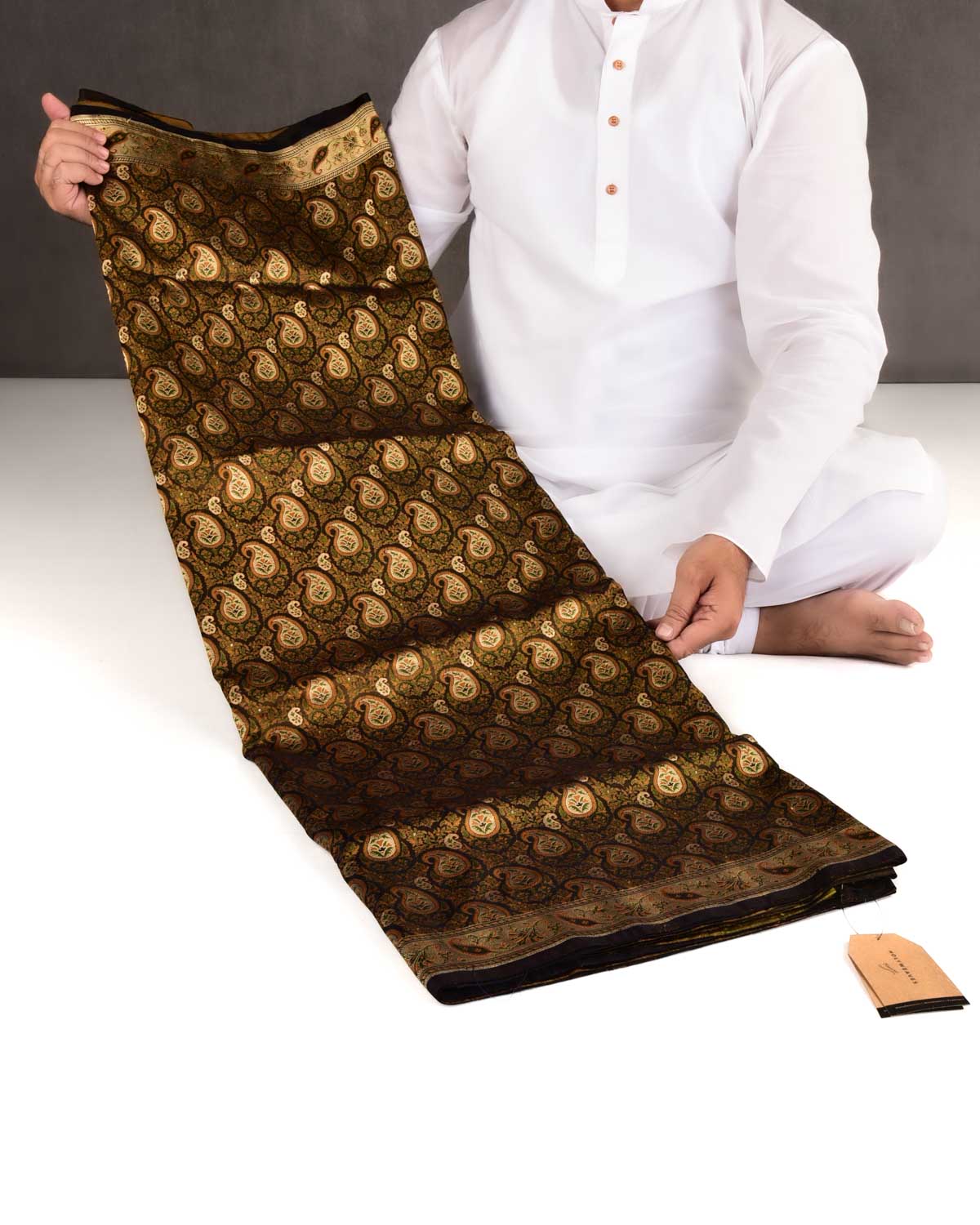 Black Banarasi Tehri Paisley Jamawar Brocade Handwoven Katan Silk Saree with Gold Zari Accents-HolyWeaves