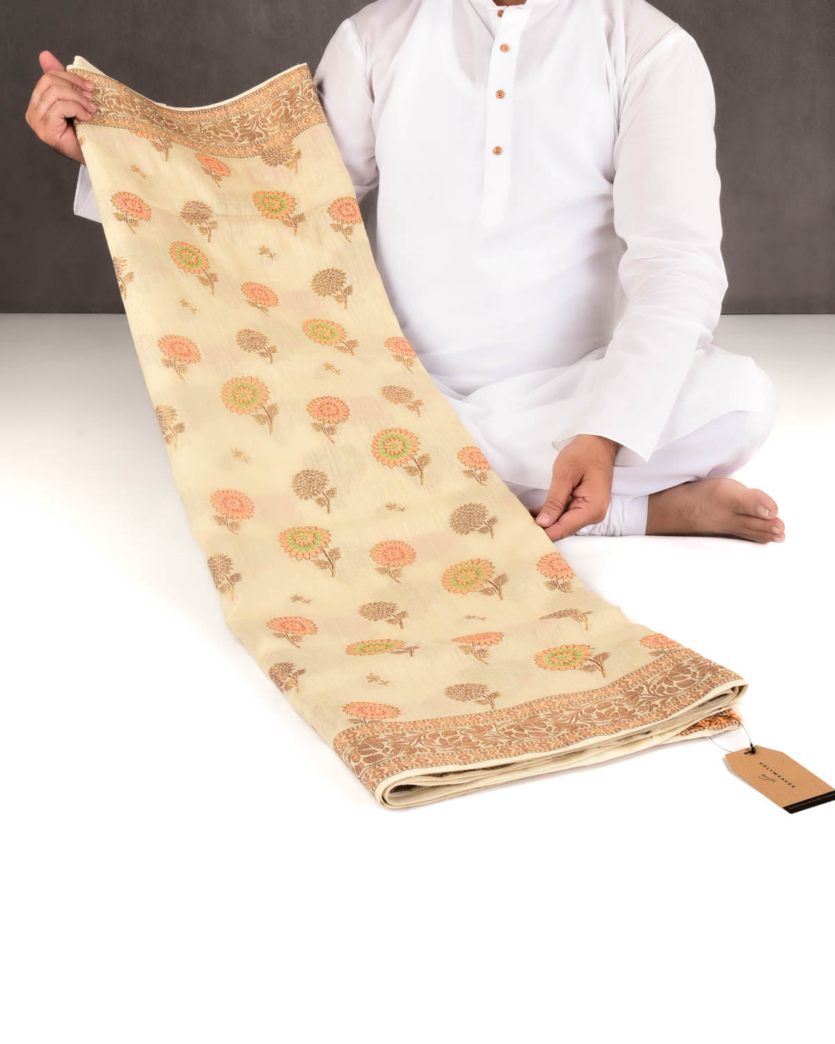 Beige Banarasi Antique Zari and Meena Flower Buta Cutwork Brocade Woven Muga Silk Saree-HolyWeaves