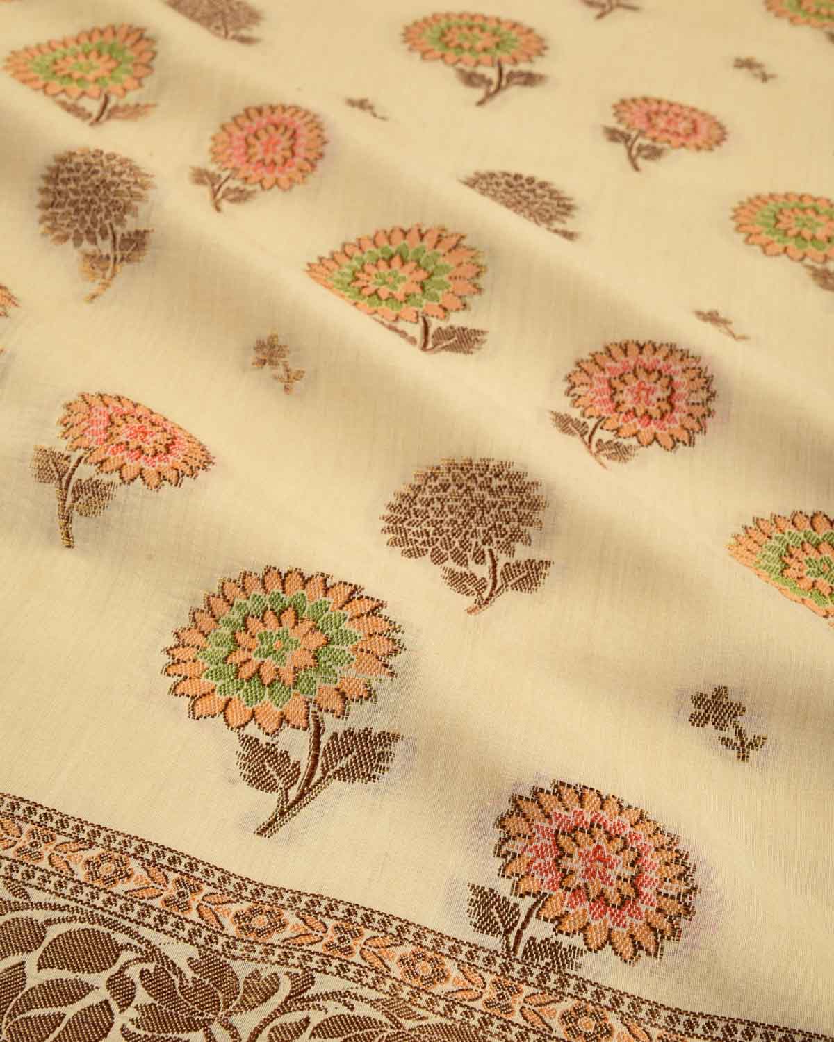 Beige Banarasi Antique Zari and Meena Flower Buta Cutwork Brocade Woven Muga Silk Saree-HolyWeaves