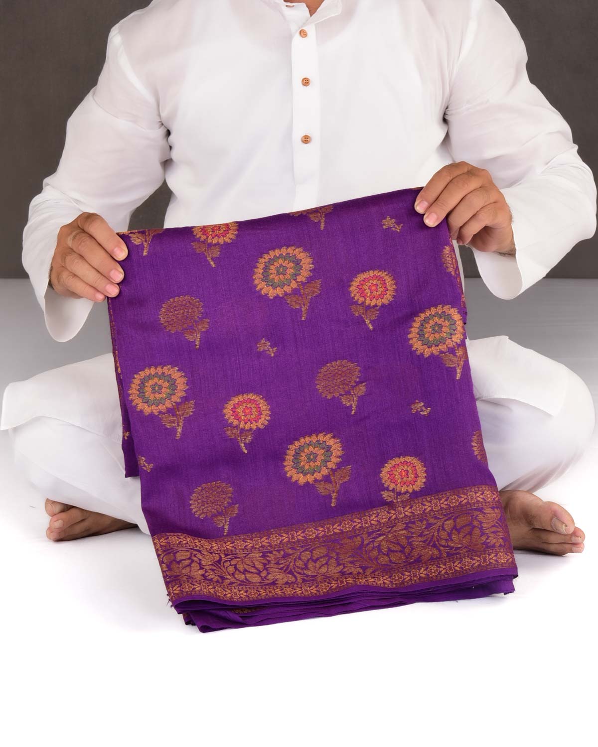 Purple Banarasi Antique Zari and Meena Flower Buta Cutwork Brocade Woven Muga Silk Saree