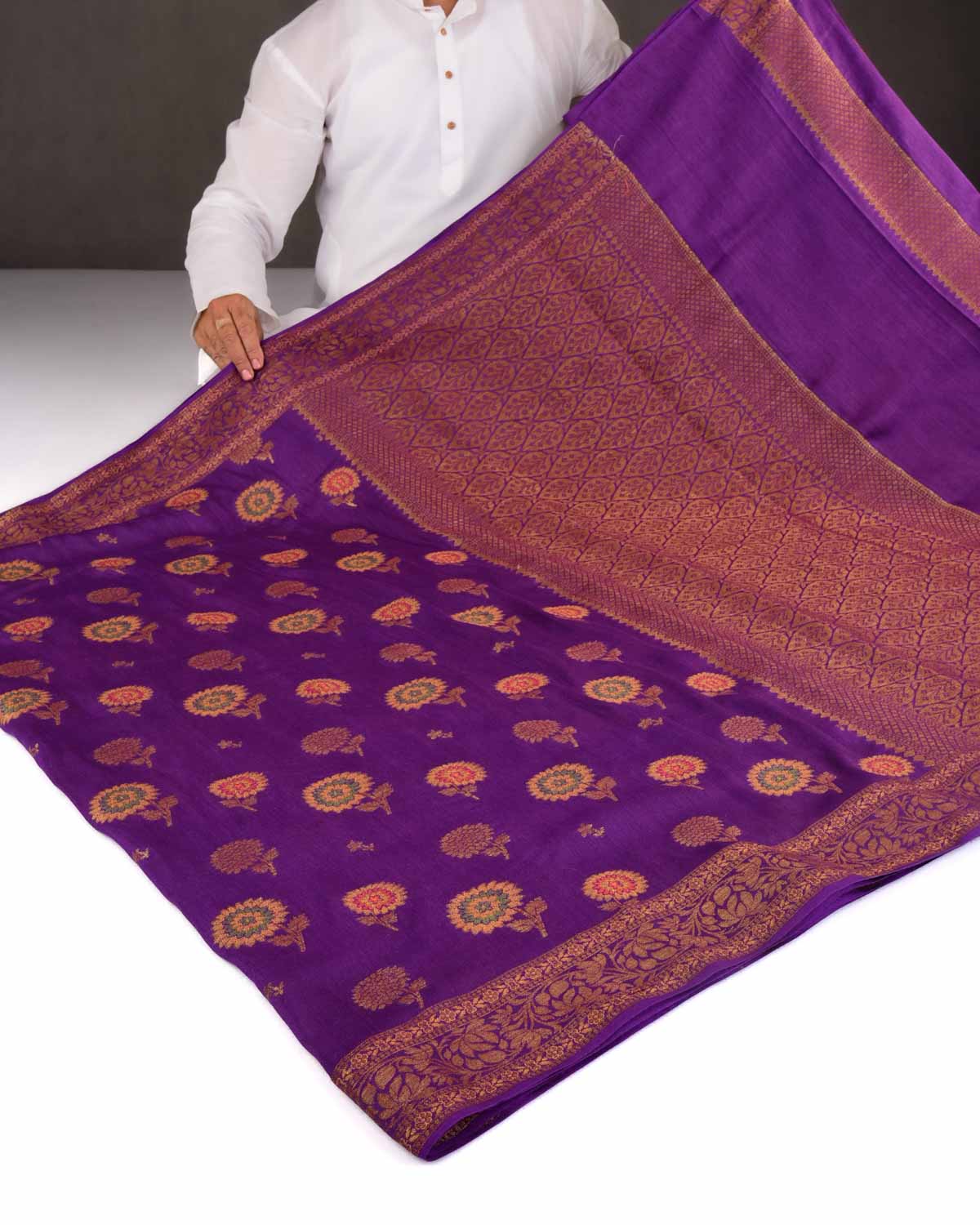 Purple Banarasi Antique Zari and Meena Flower Buta Cutwork Brocade Woven Muga Silk Saree-HolyWeaves