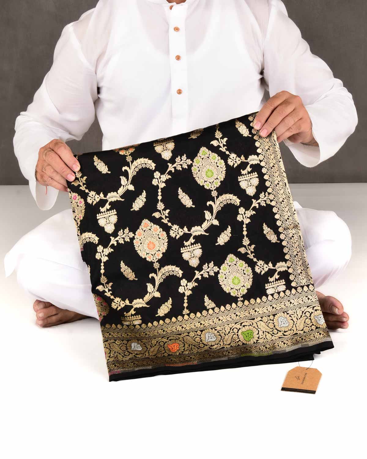 Black Banarasi Gold Zari & Resham Meena Jaal Cutwork Brocade Handwoven Katan Silk Saree-HolyWeaves