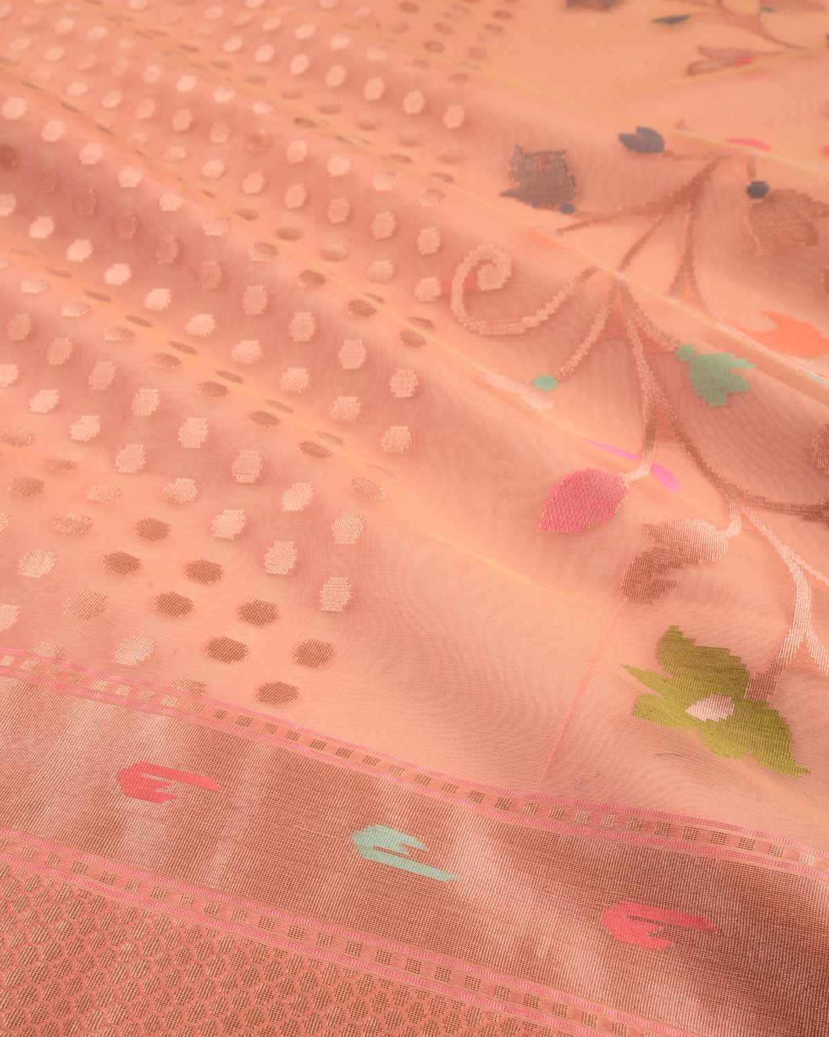 Salmon Pink Banarasi Gold Zari Polka Buti & Meenekari Palla Cutwork Brocade Woven Art Kora Silk Saree-HolyWeaves