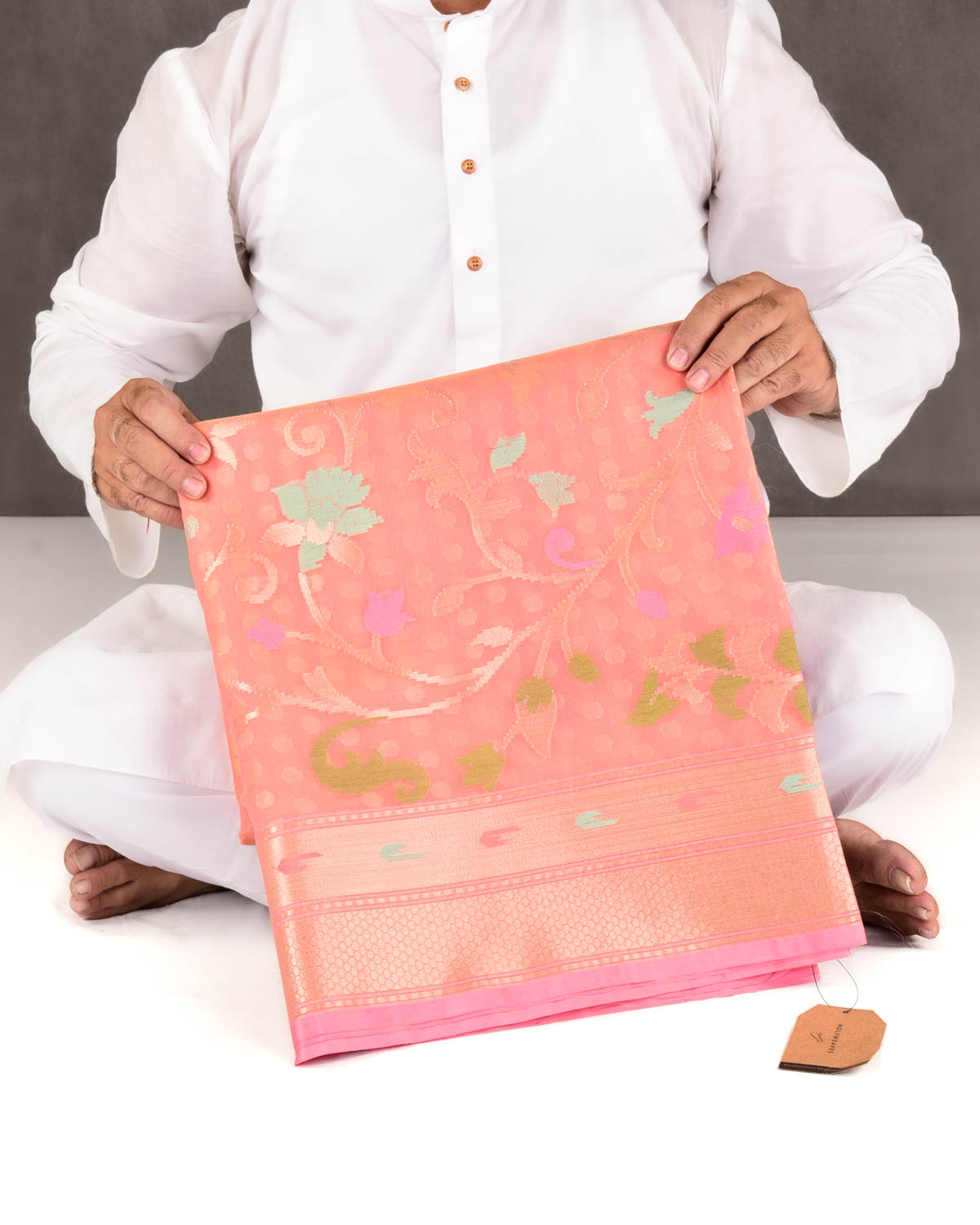 Salmon Pink Banarasi Gold Zari Polka Buti & Meenekari Palla Cutwork Brocade Woven Art Kora Silk Saree-HolyWeaves